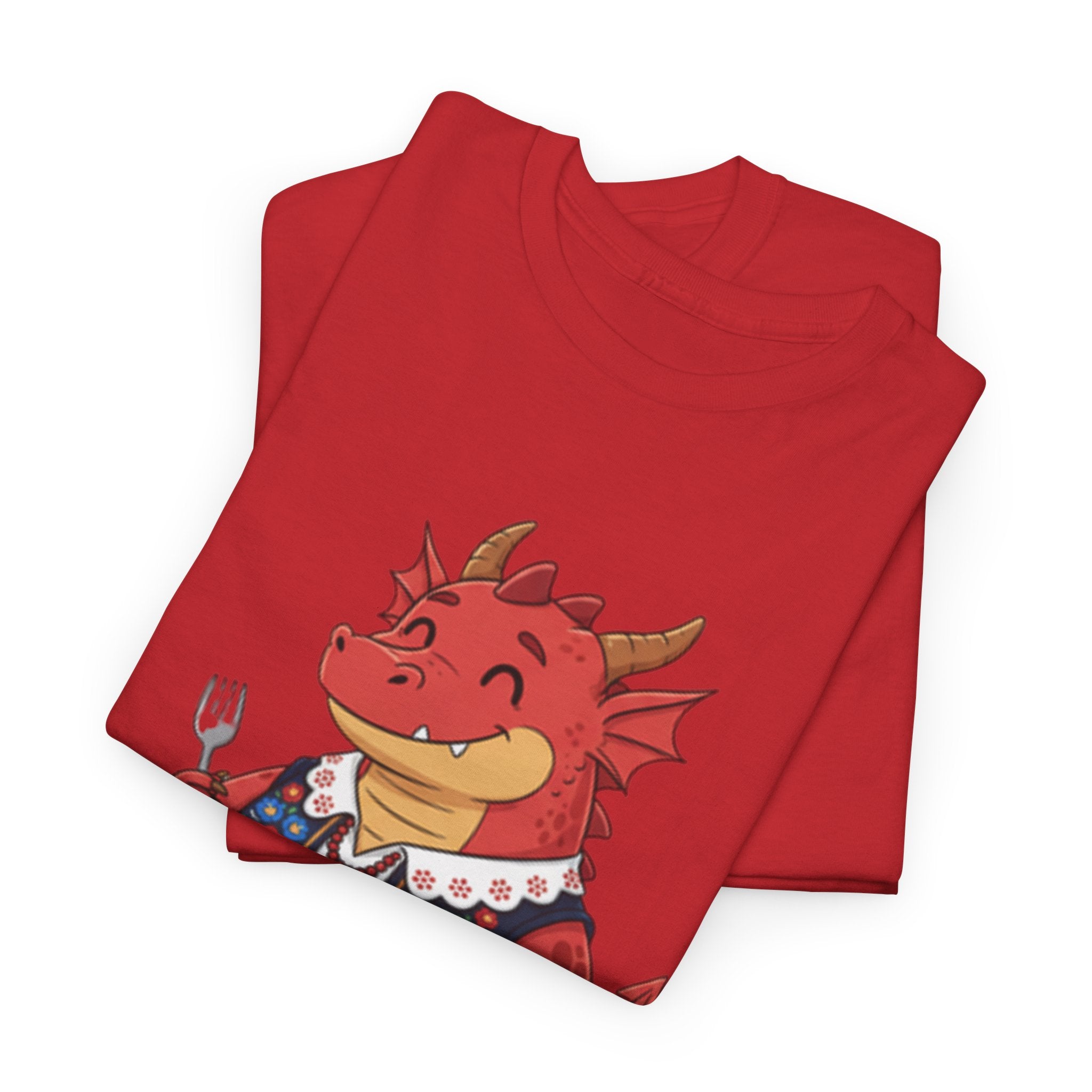 Dragon Eating Pierogi T-Shirt — "Mój nowy smok. Też lubi pierogi." Cute Polish Food Tee