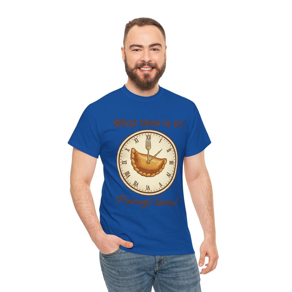 Pierogi Time T‑Shirt — "What time is it? Pierogi time!" Vintage Clock Food Tee