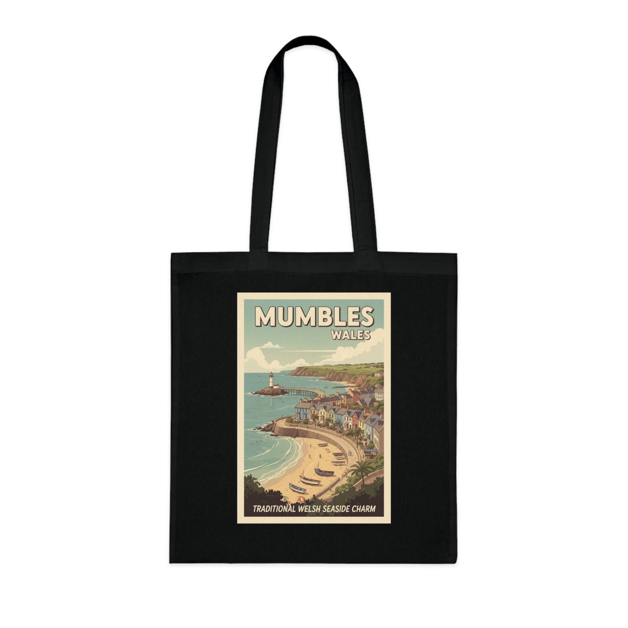 Mumbles Wales Vintage Seaside Tote Bag — Retro Travel Poster Cotton Tote