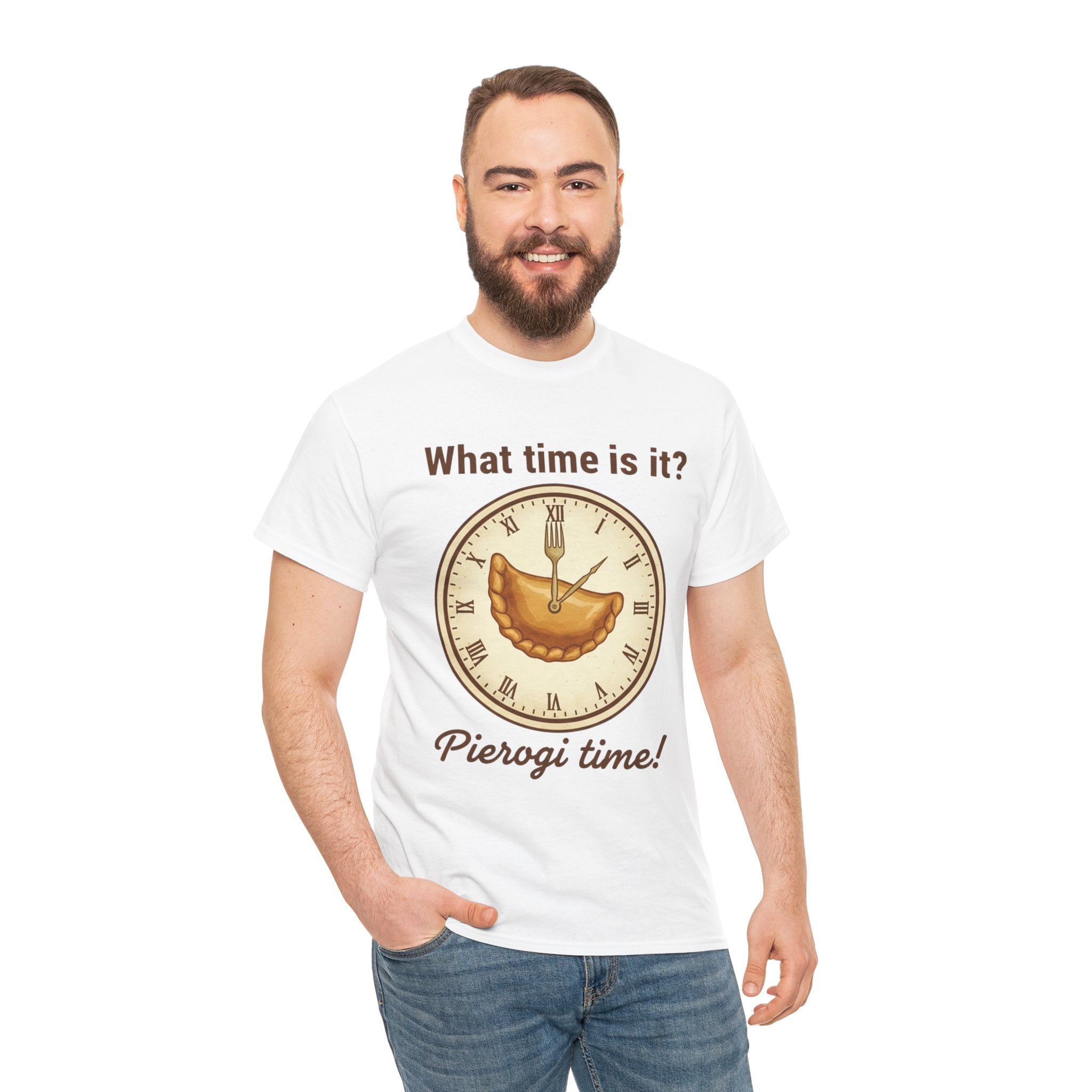 Pierogi Time T‑Shirt — "What time is it? Pierogi time!" Vintage Clock Food Tee