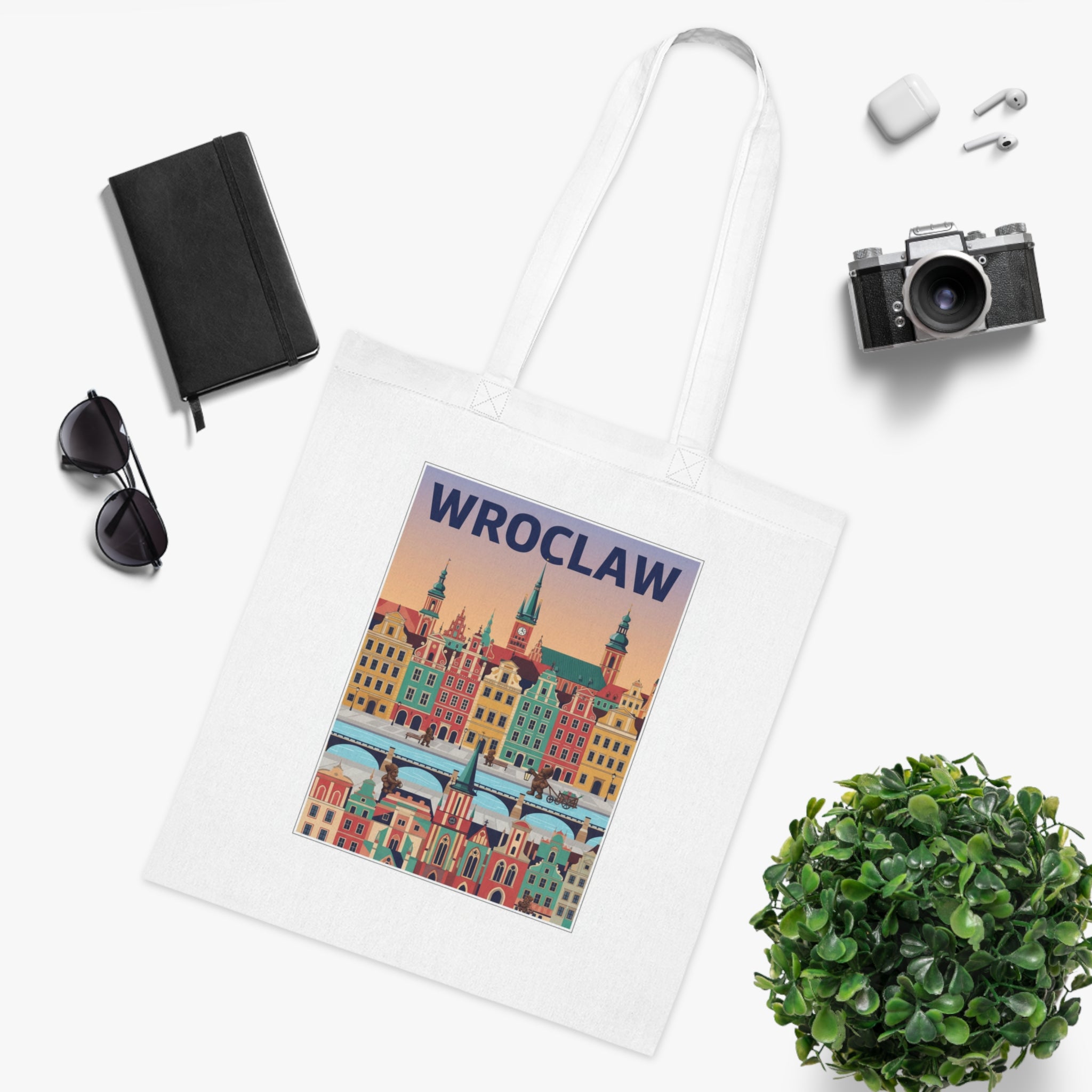 Wroclaw Cityscape Cotton Tote — Retro Polish Travel Market Bag
