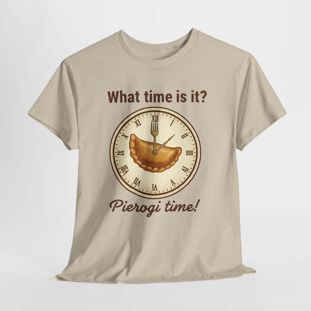 Pierogi Time T‑Shirt — "What time is it? Pierogi time!" Vintage Clock Food Tee