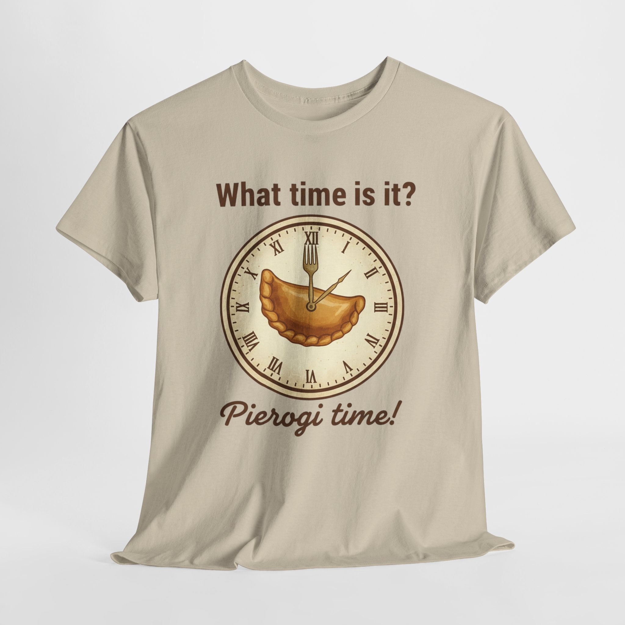 Pierogi Time T‑Shirt — "What time is it? Pierogi time!" Vintage Clock Food Tee