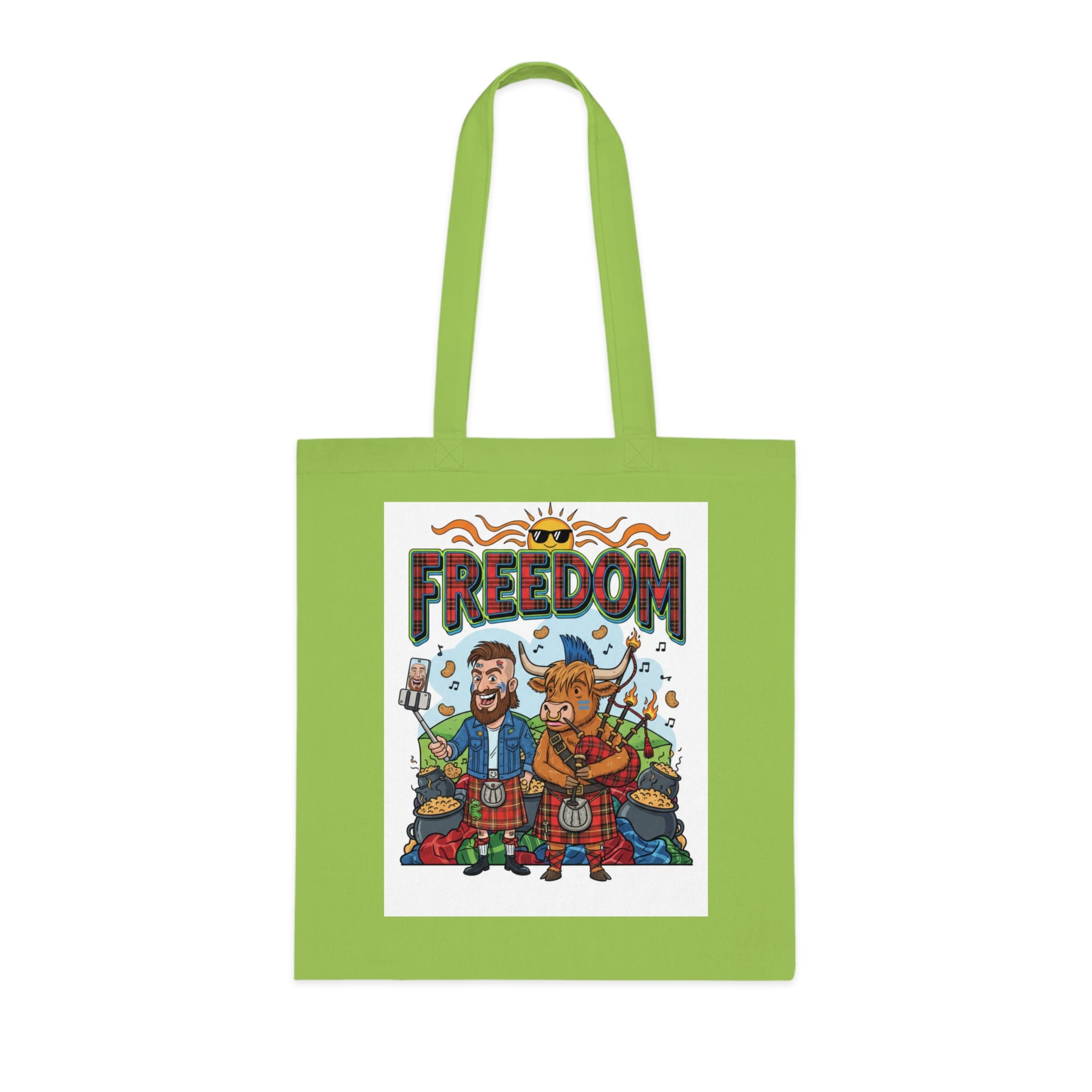 Freedom Scottish Highlanders Cotton Tote — Funny Kilted Bagpipes Design