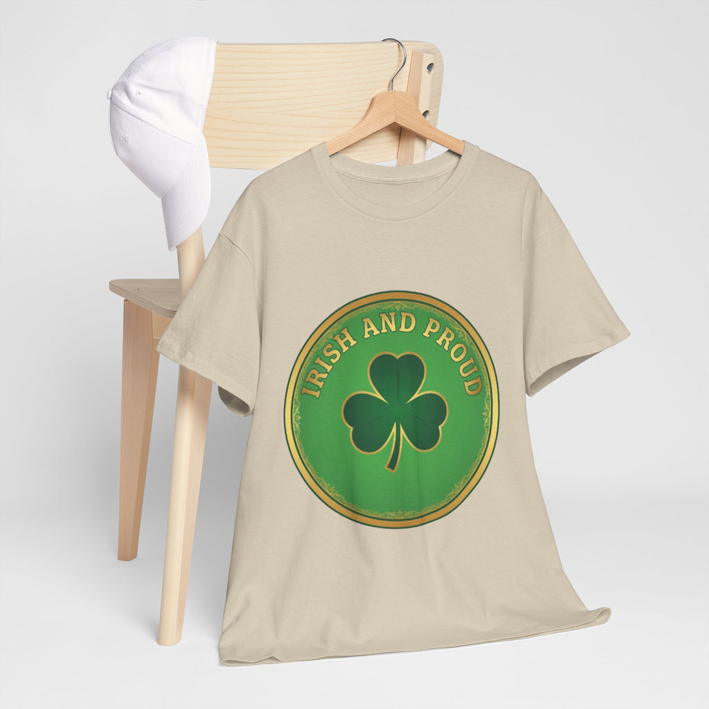 Irish and Proud T-Shirt — Green Shamrock Emblem Tee for St. Patrick's Day