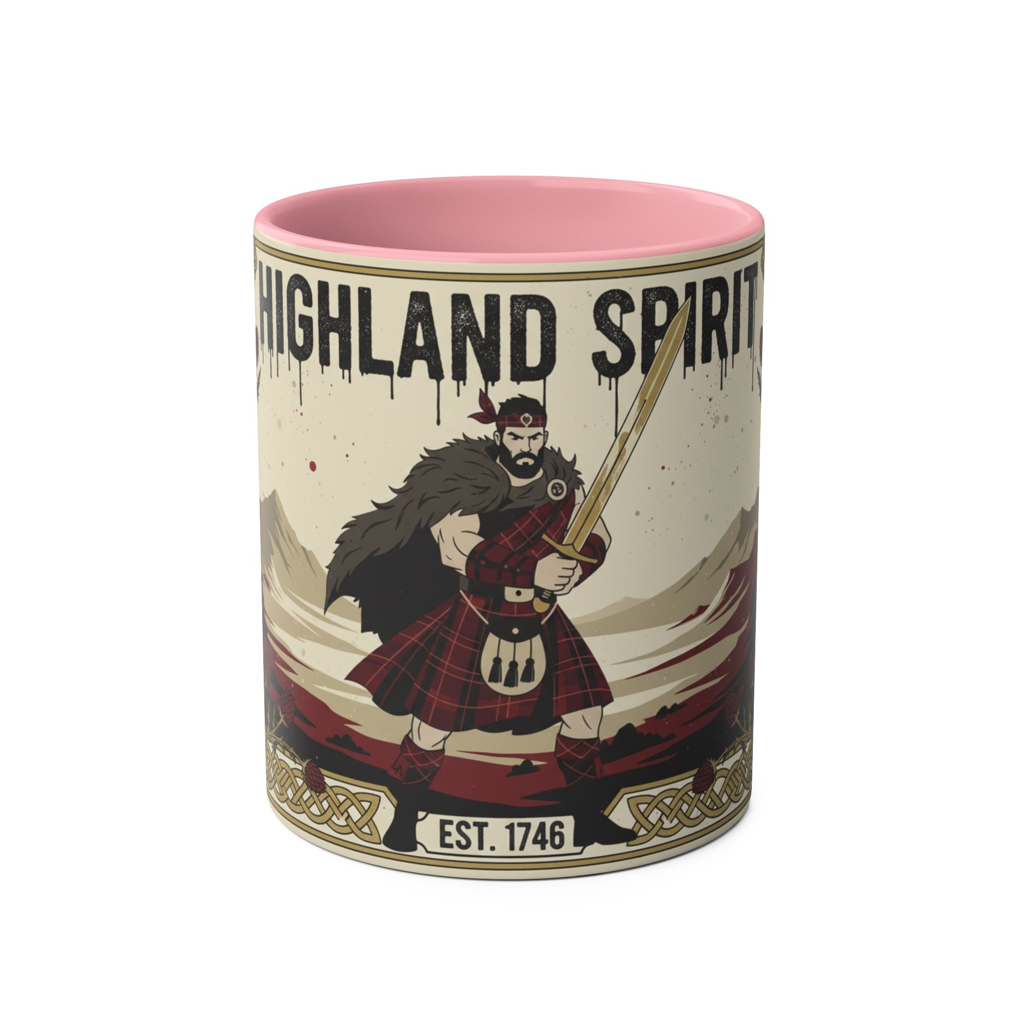 Highland Spirit Coffee Mug — Vintage Scottish Highlander 11oz Two-Tone Ceramic
