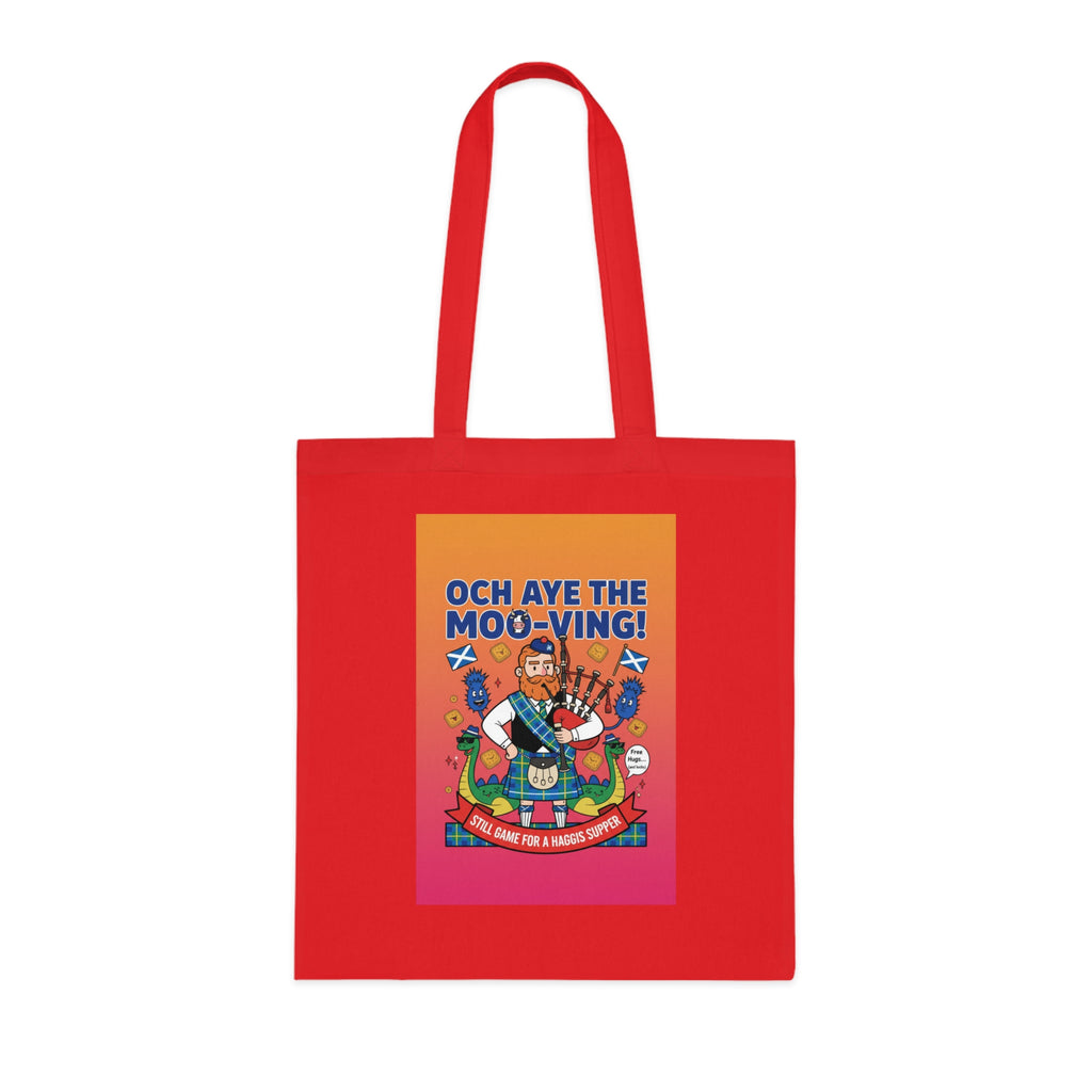 Scottish Cow Cartoon Cotton Tote — "Och Aye the Moo-ving!" Funny Celtic Grocery Bag
