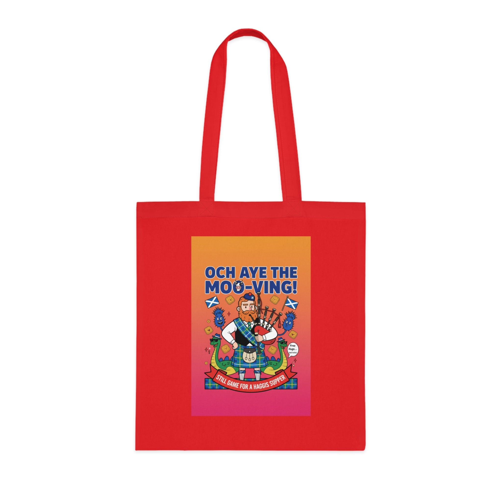 Scottish Cow Cartoon Cotton Tote — "Och Aye the Moo-ving!" Funny Celtic Grocery Bag