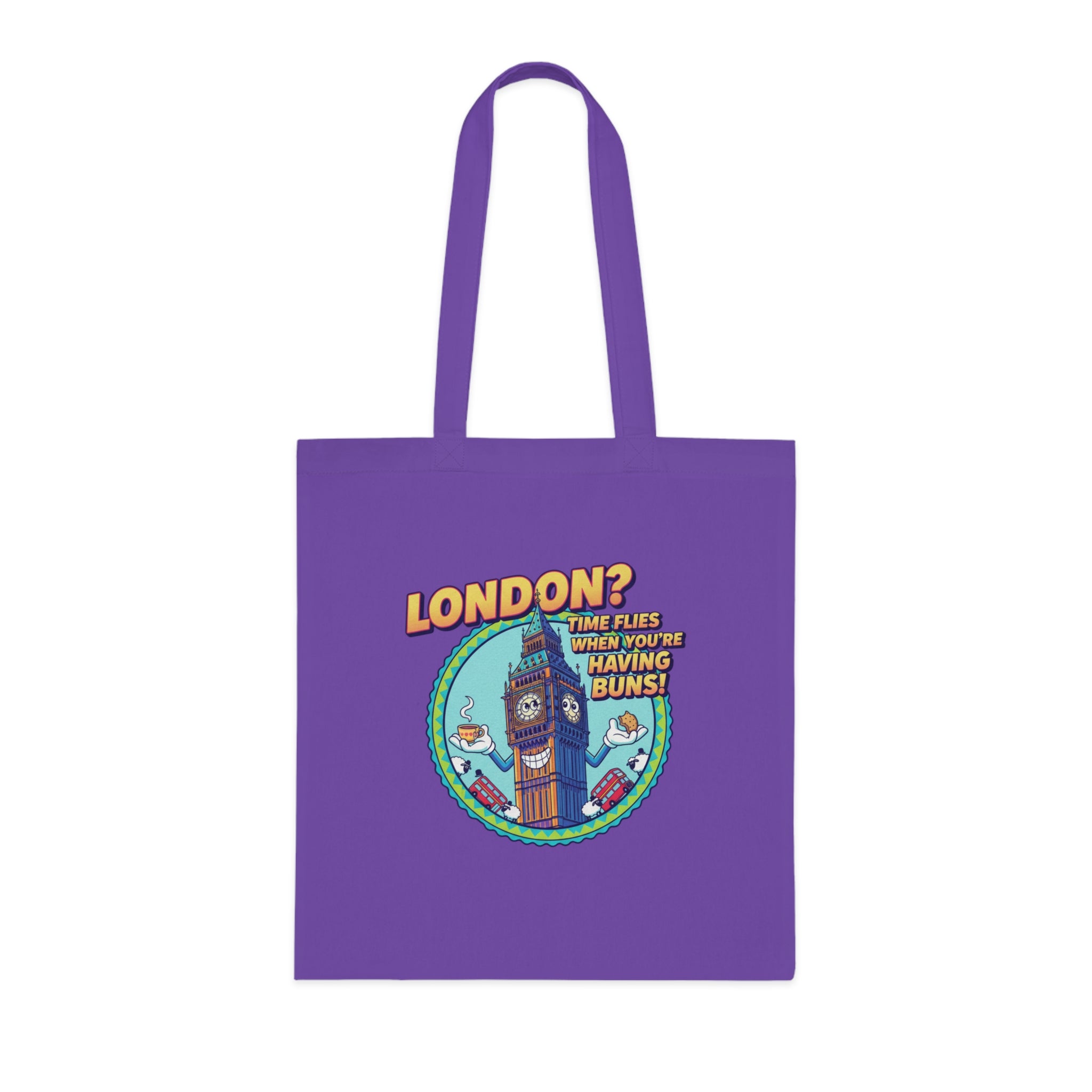 London? Having Buns! Big Ben Cartoon Cotton Tote Bag — Funny UK Travel Gift