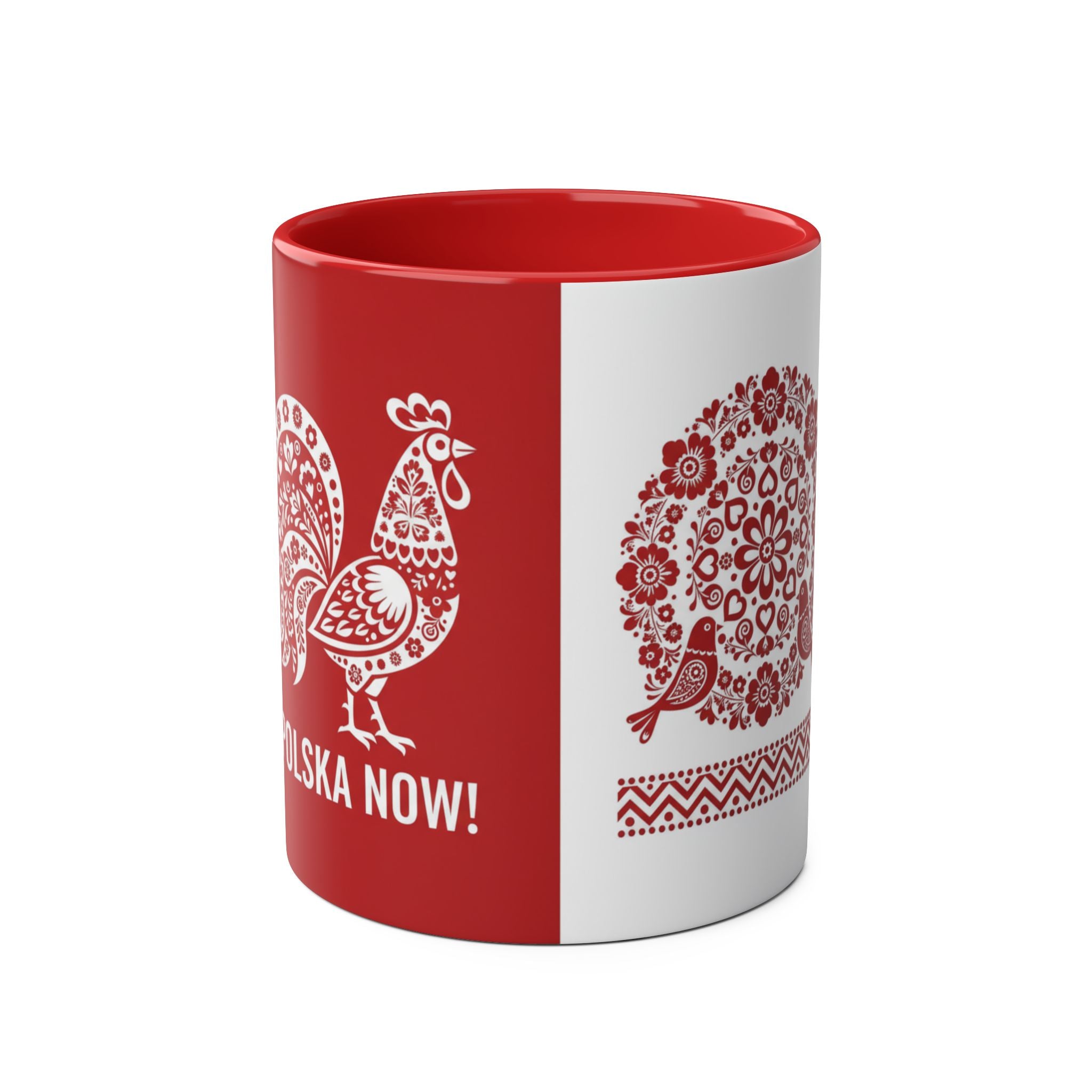 Polish Folk Rooster Coffee Mug — 'Polska Now!' Two-Tone 11oz Ceramic