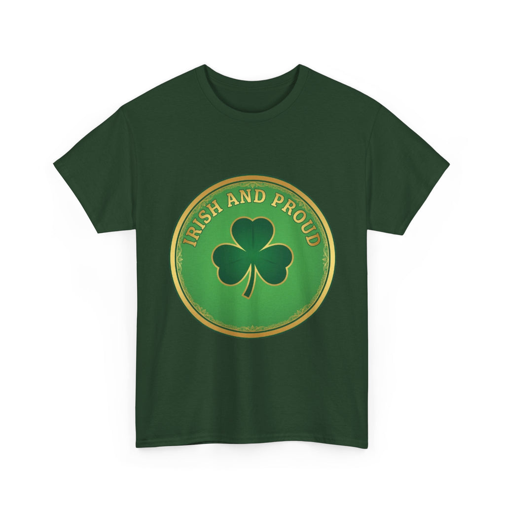 Irish and Proud T-Shirt — Green Shamrock Emblem Tee for St. Patrick's Day