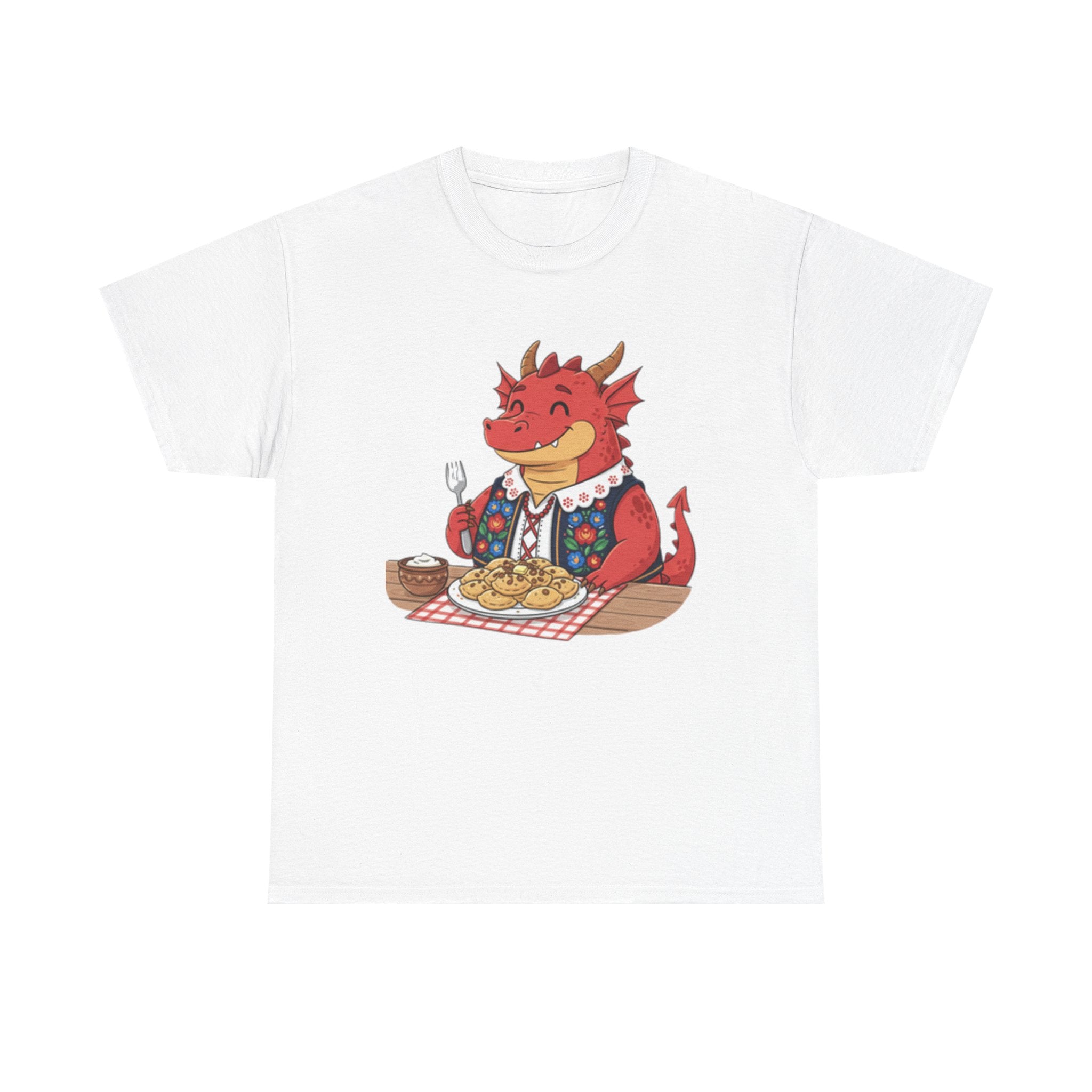 Dragon Eating Pierogi T-Shirt — "Mój nowy smok. Też lubi pierogi." Cute Polish Food Tee