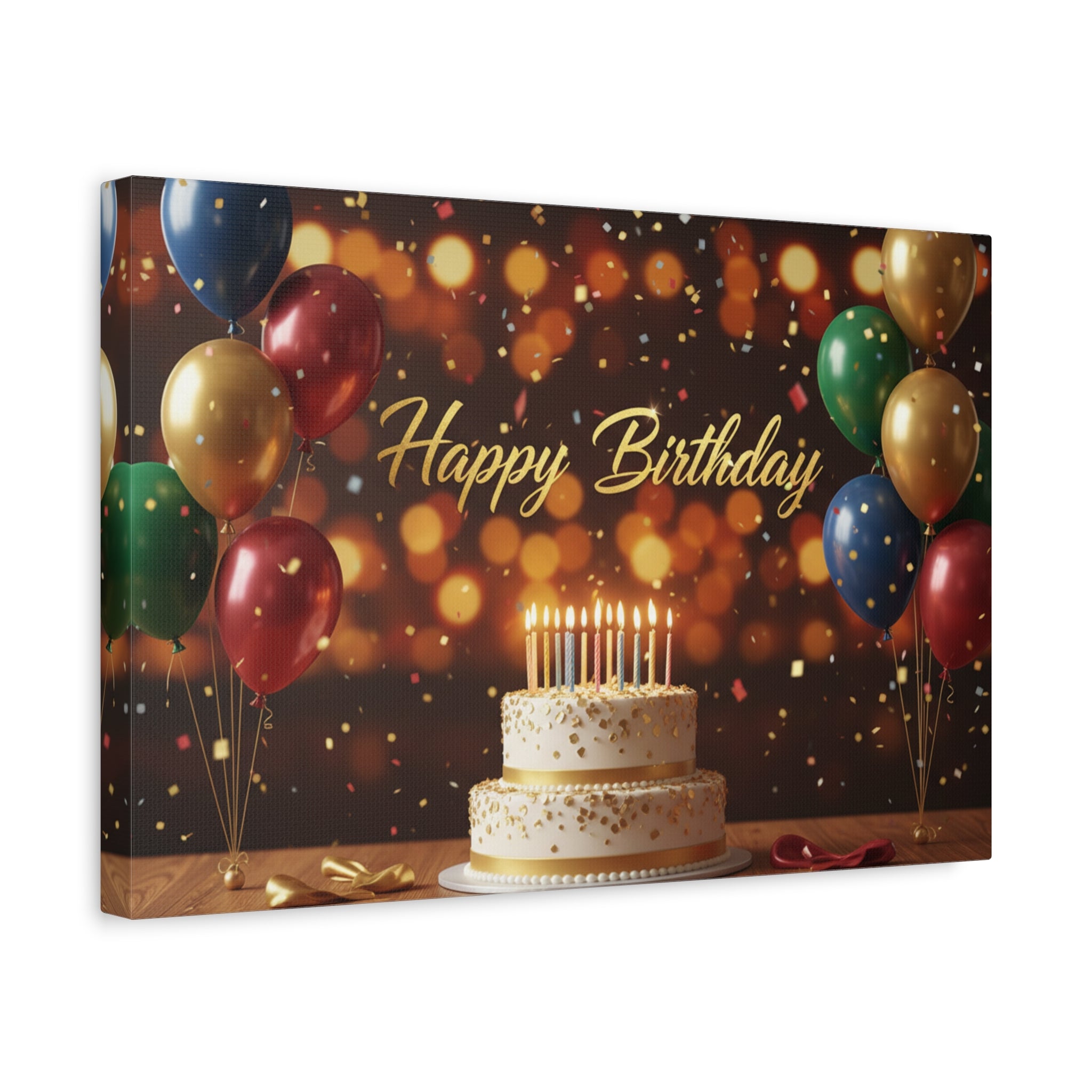 Happy Birthday Canvas Wall Art — Celebration Cake & Balloons Matte Stretched Print