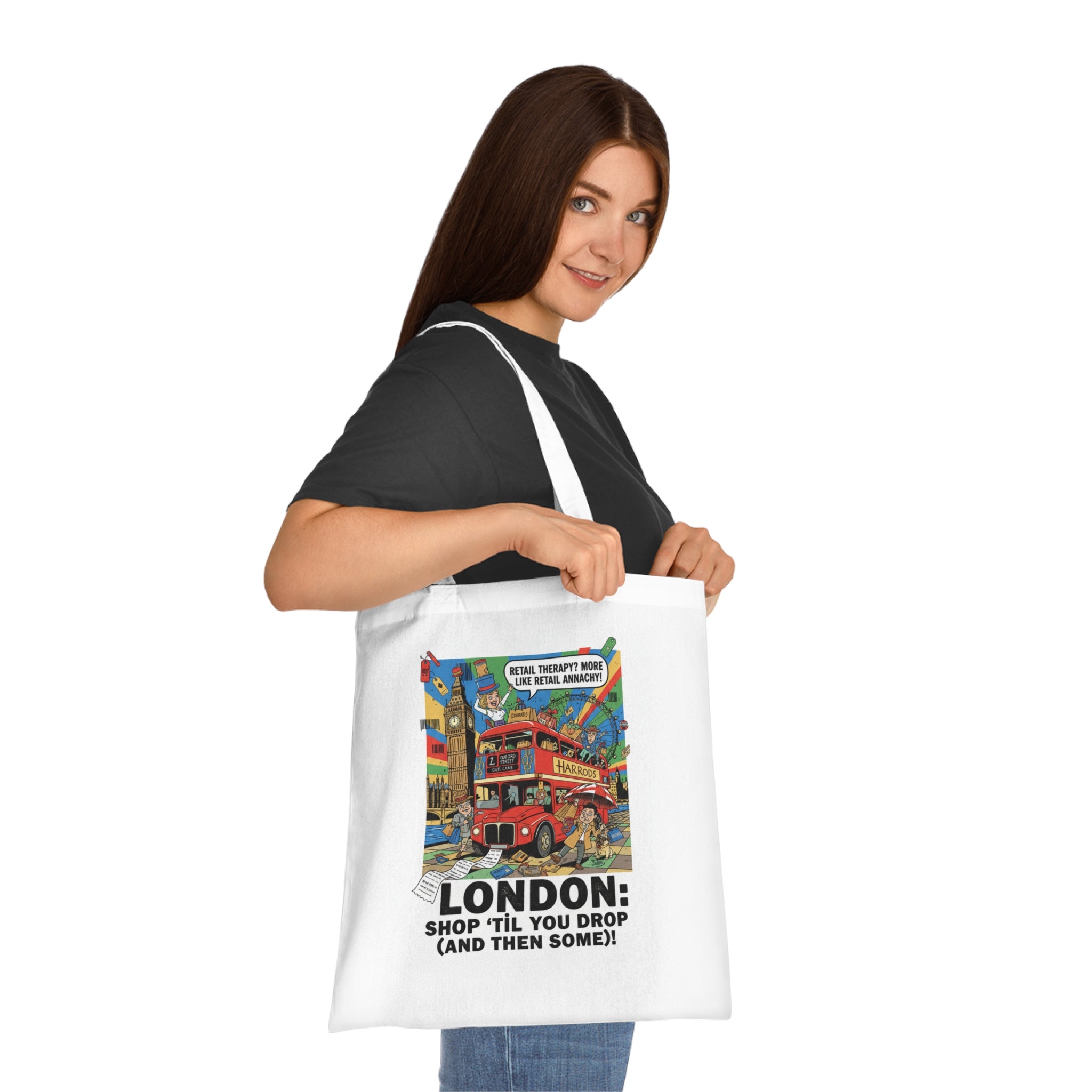 London Vintage Travel Tote Bag — "Shop 'Til You Drop (And Then Some)!" Cotton Shopper