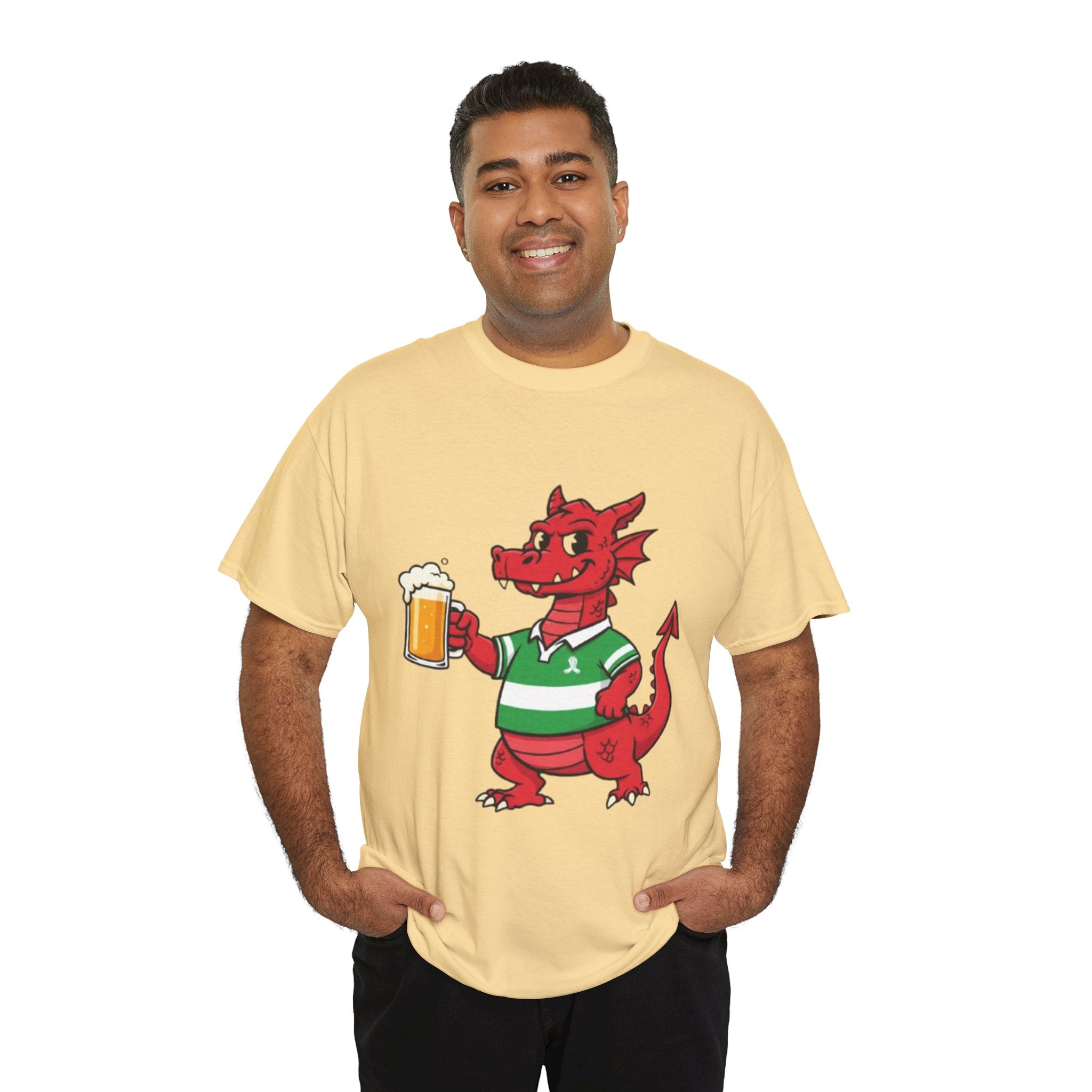 Dragon Cheers T‑Shirt — Cute Red Dragon Holding Beer Graphic Tee