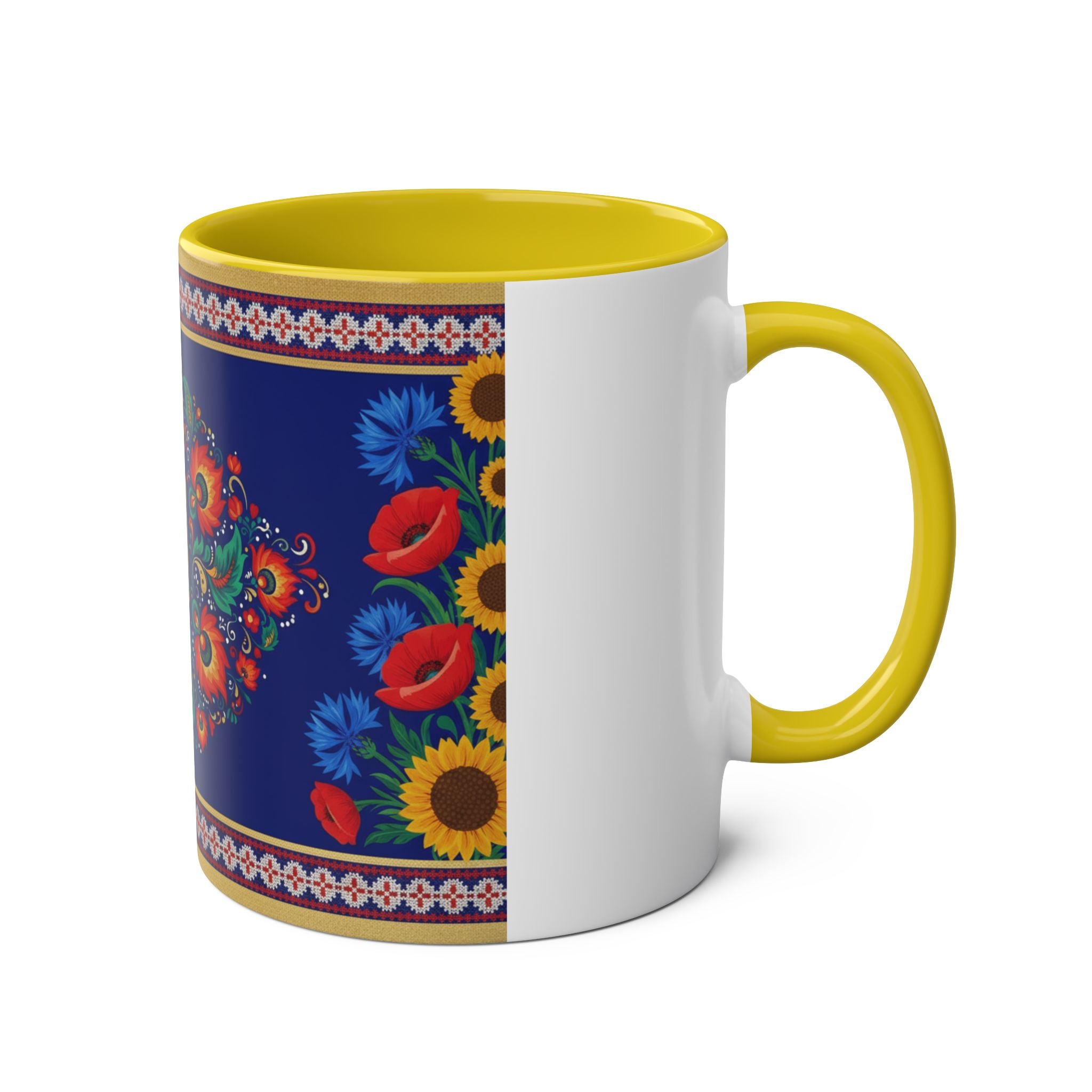Ukrainian Floral Coffee Mug — Two-Tone 11oz with Tryzub & Folk Motif
