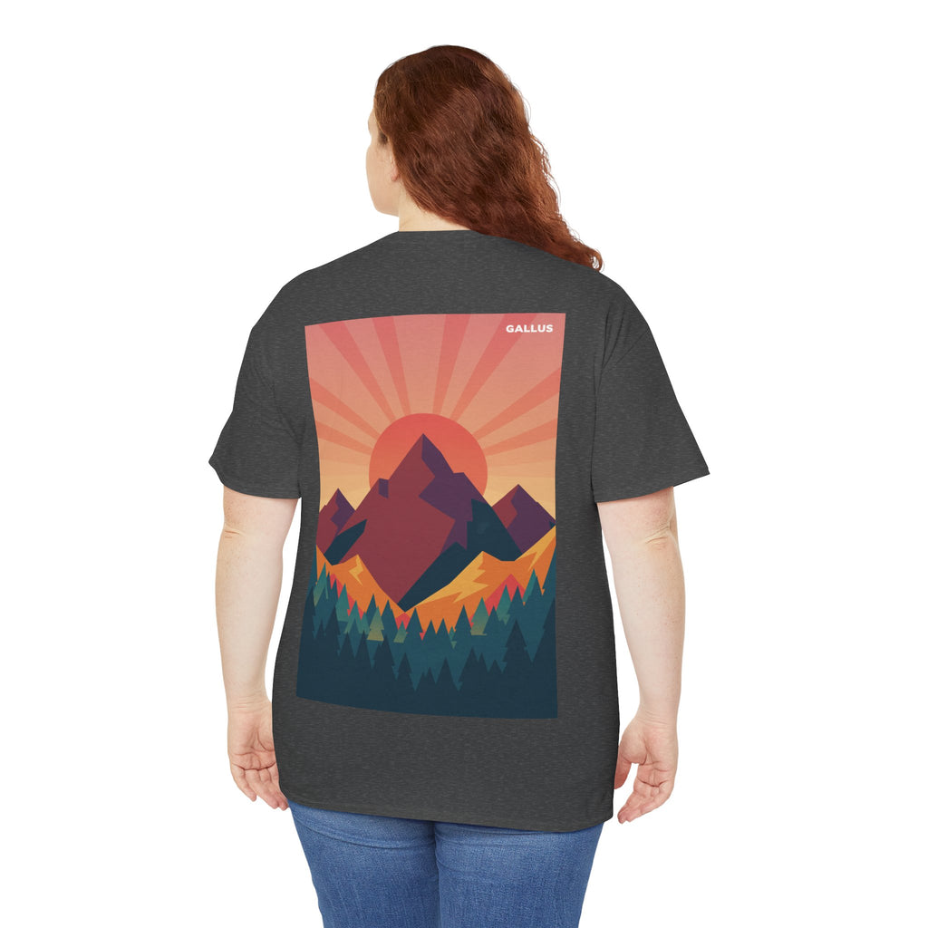 Mountain Sunset T-Shirt — Retro Nature Graphic Tee with 'GALLUS' Logo