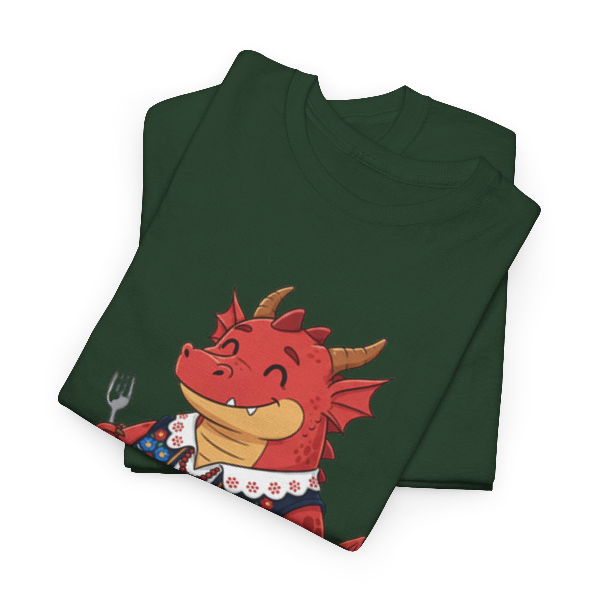 Dragon Eating Pierogi T-Shirt — "Mój nowy smok. Też lubi pierogi." Cute Polish Food Tee