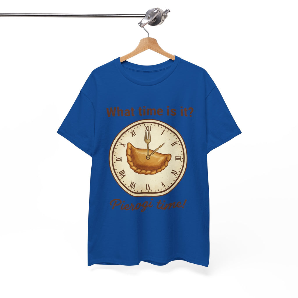 Pierogi Time T‑Shirt — "What time is it? Pierogi time!" Vintage Clock Food Tee
