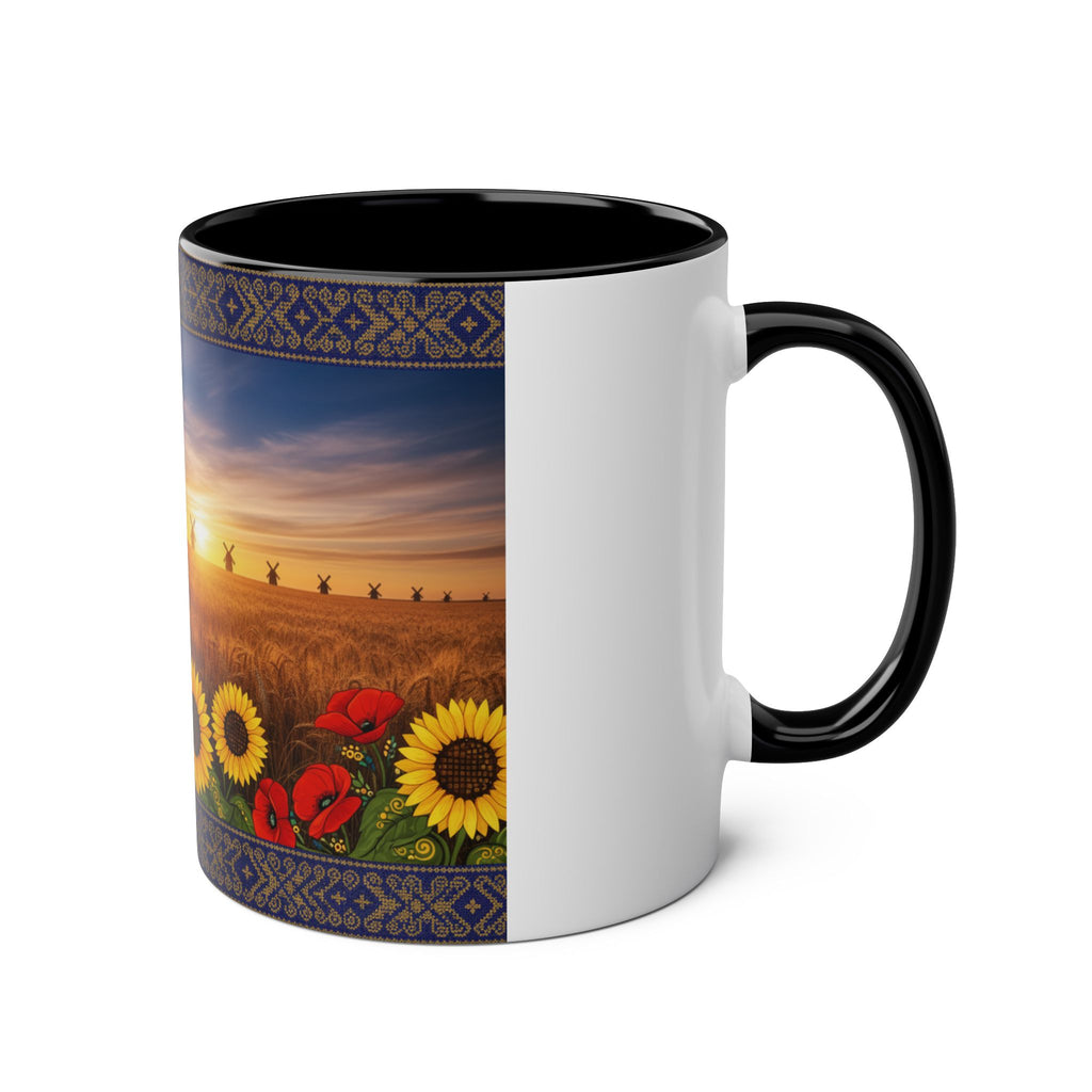Sunflower Field Ceramic Mug — Two-Tone 11oz Coffee Cup with Sunrise & Windmills Design