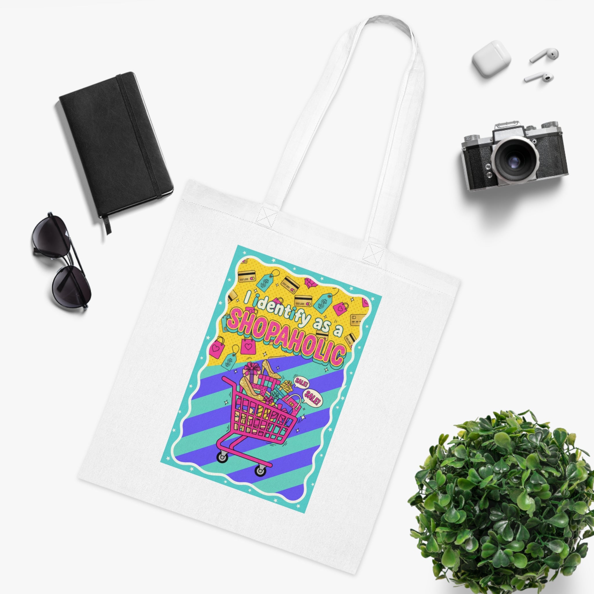 Shopaholic Cotton Tote Bag — Colorful Shopping Cart Design (I Identify as a Shopaholic)