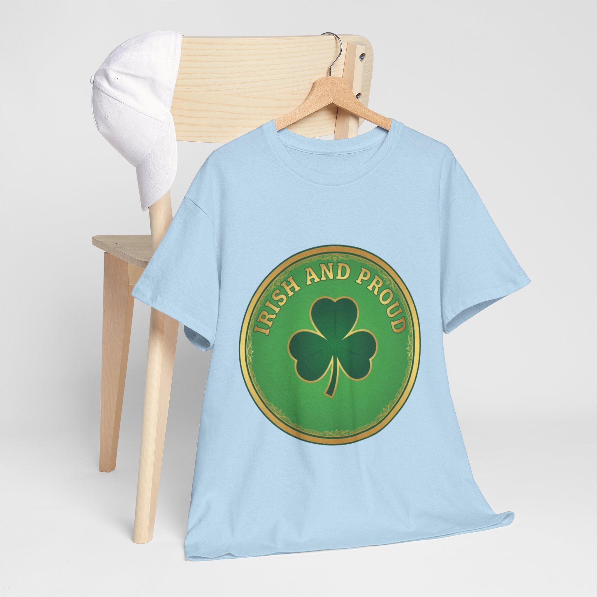 Irish and Proud T-Shirt — Green Shamrock Emblem Tee for St. Patrick's Day