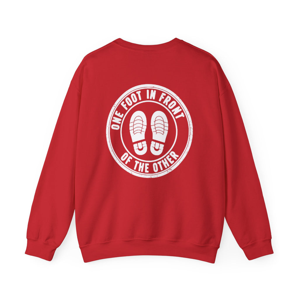 Gallus Crewneck Sweatshirt — "One Foot in Front of the Other" Motivational Red Pullover