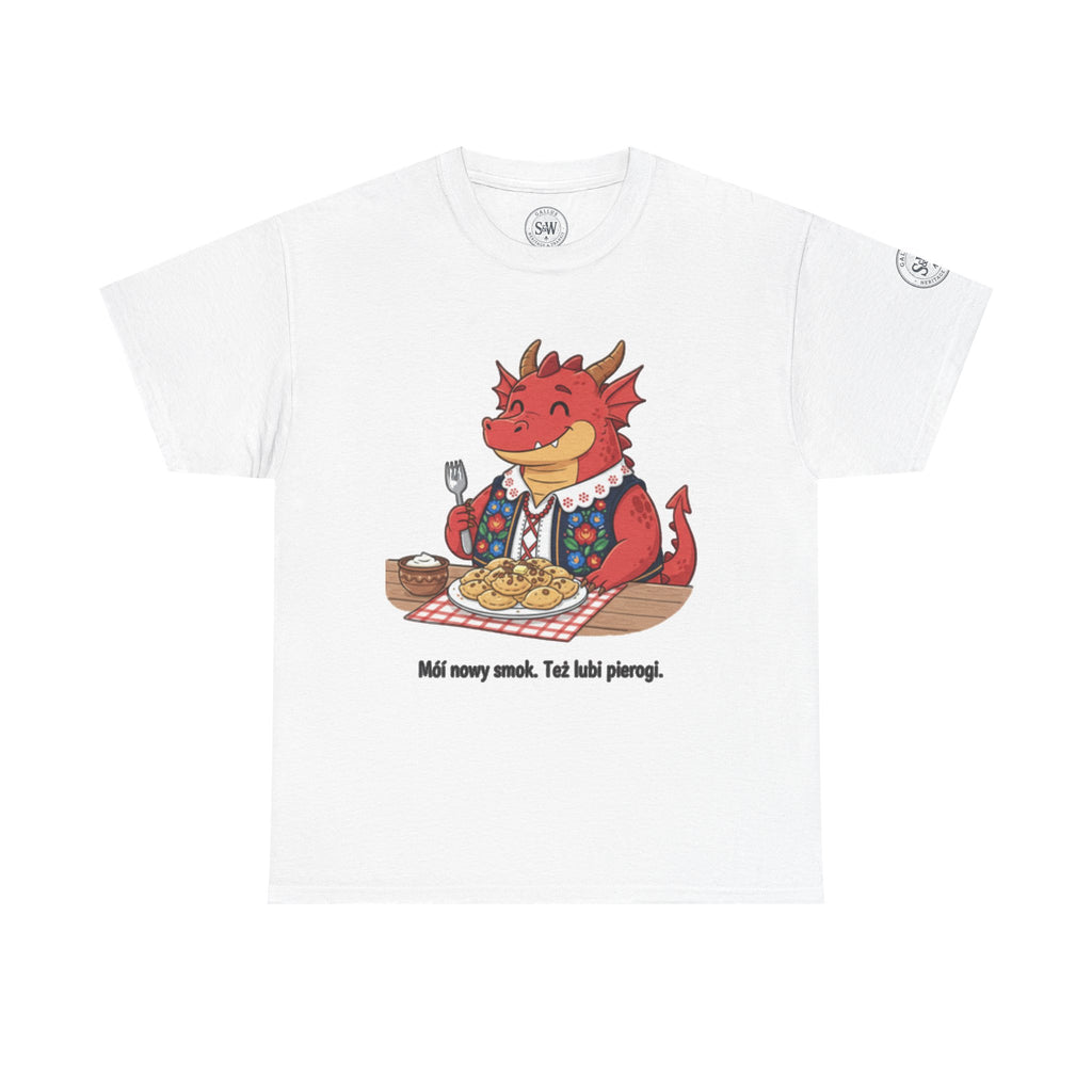 Dragon Eating Pierogi T-Shirt — "Mój nowy smok. Też lubi pierogi." Cute Polish Food Tee