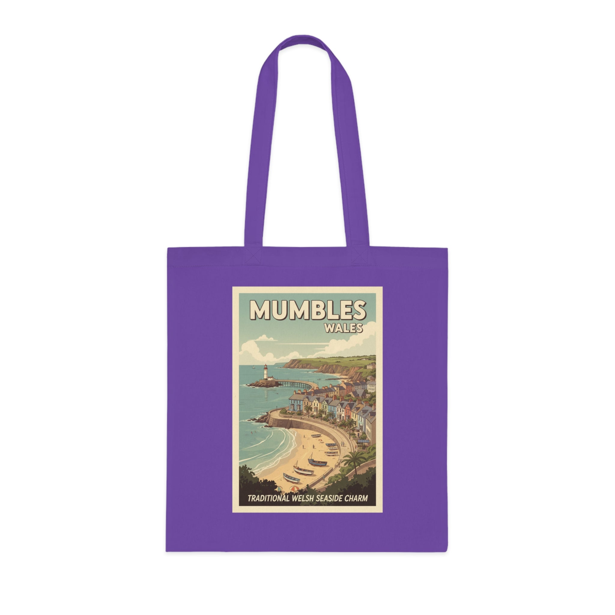 Mumbles Wales Vintage Seaside Tote Bag — Retro Travel Poster Cotton Tote