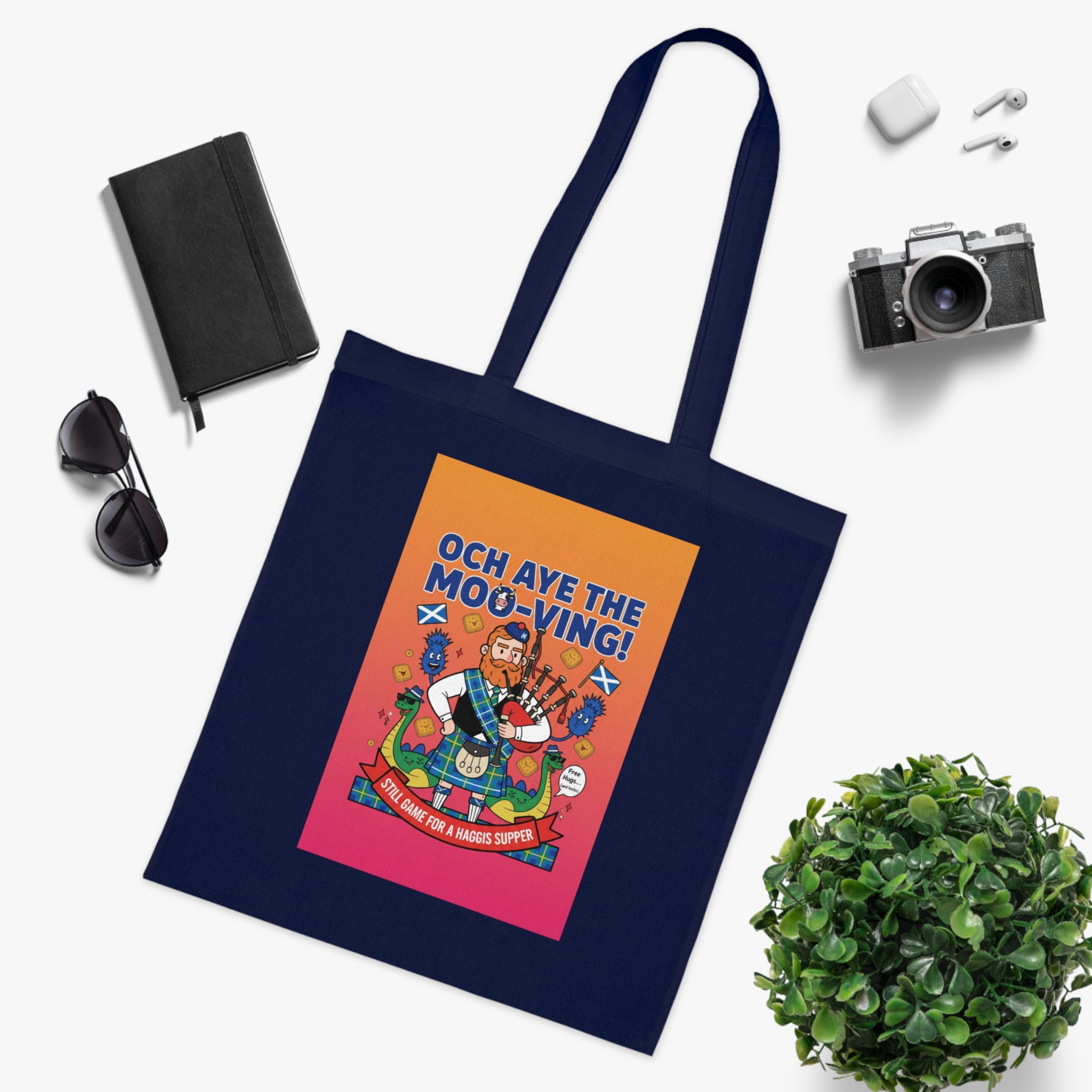 Scottish Cow Cartoon Cotton Tote — "Och Aye the Moo-ving!" Funny Celtic Grocery Bag