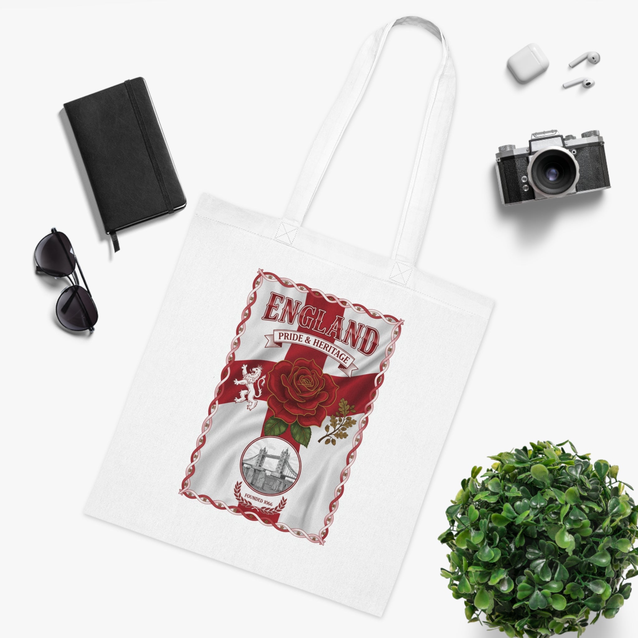 England Heritage Rose Tote Bag — Vintage English Flag & Rose Cotton Tote
