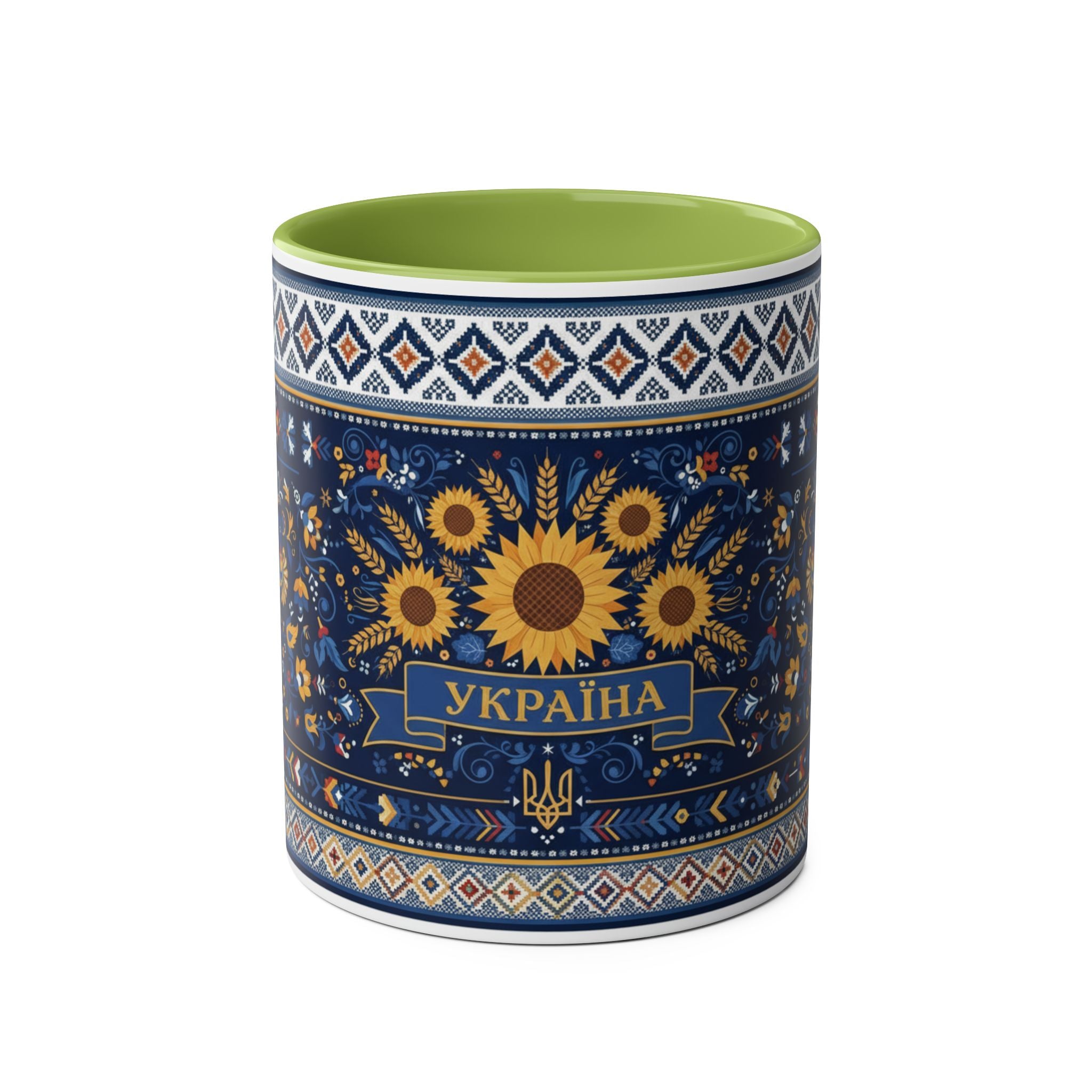 Ukraine Sunflowers Ceramic Mug — Two-Tone 11oz Coffee Cup with Ukrainian Folk Pattern