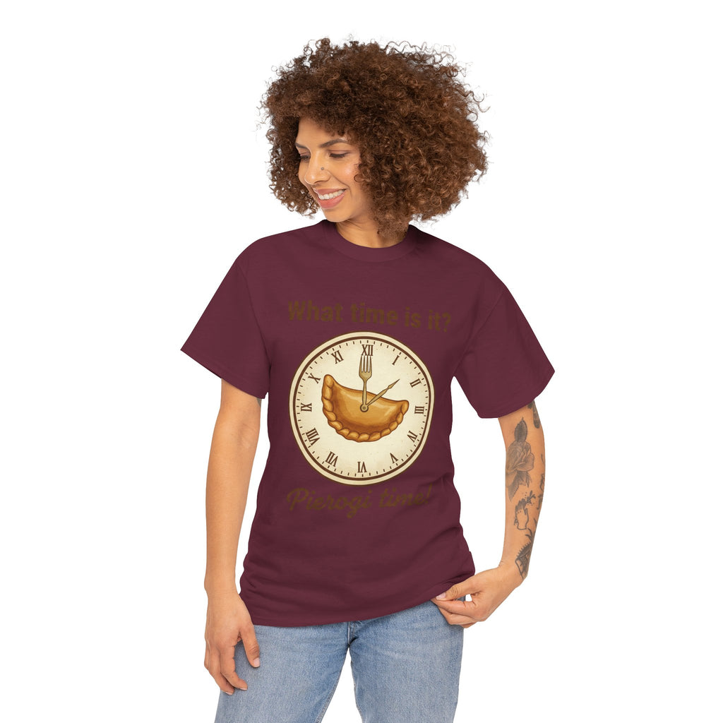 Pierogi Time T‑Shirt — "What time is it? Pierogi time!" Vintage Clock Food Tee