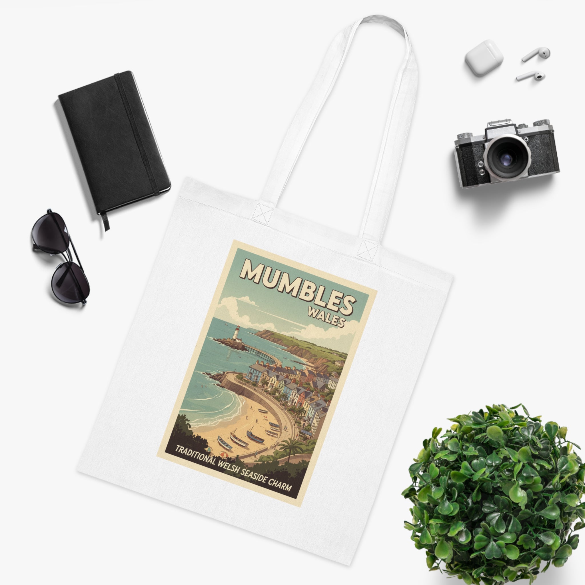 Mumbles Wales Vintage Seaside Tote Bag — Retro Travel Poster Cotton Tote