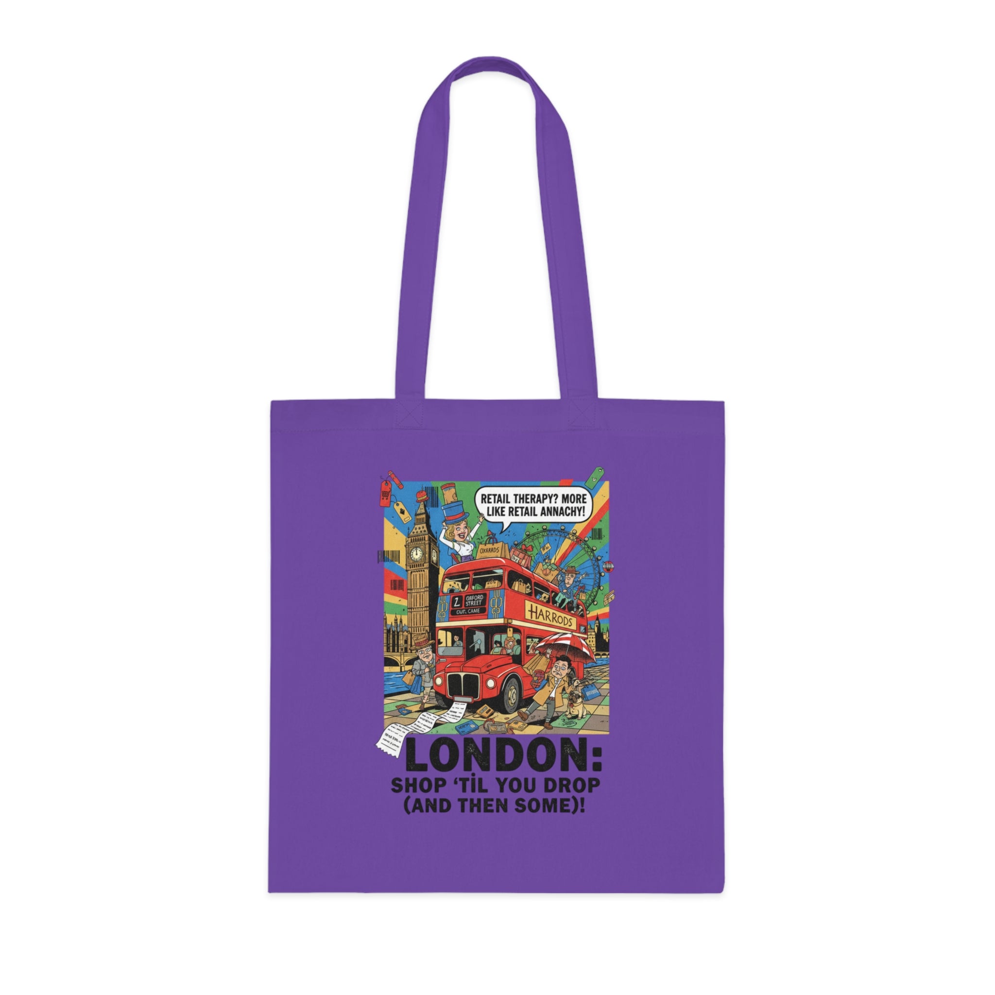 London Vintage Travel Tote Bag — "Shop 'Til You Drop (And Then Some)!" Cotton Shopper