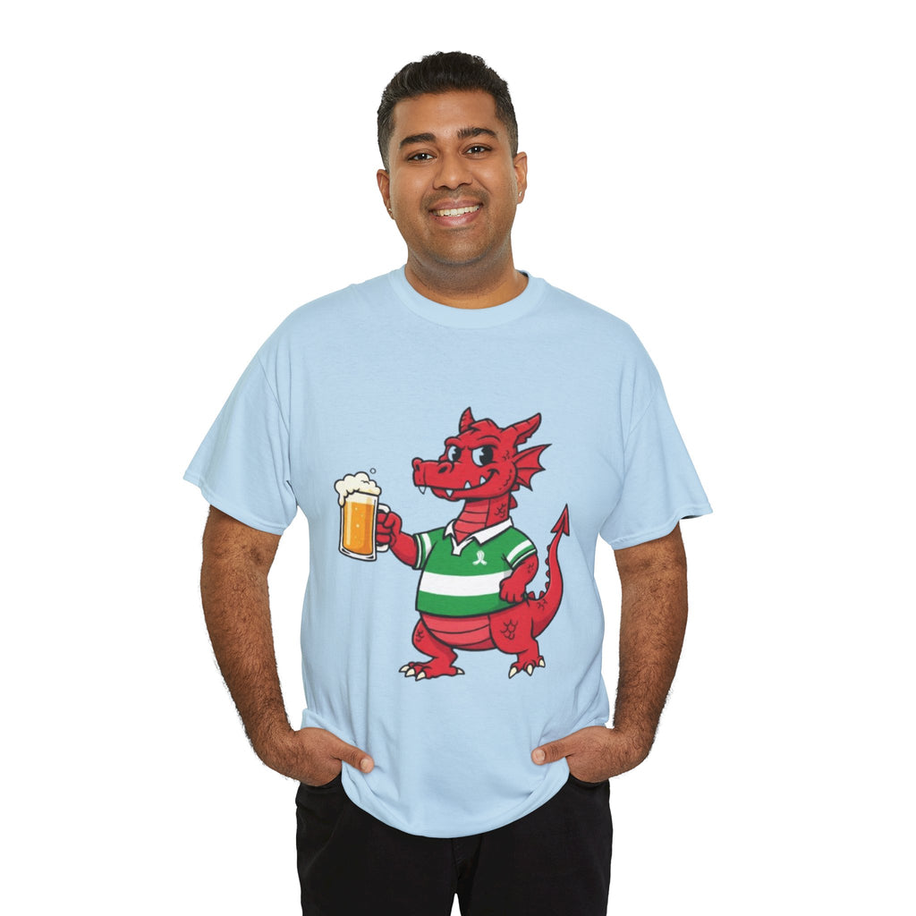 Dragon Cheers T‑Shirt — Cute Red Dragon Holding Beer Graphic Tee