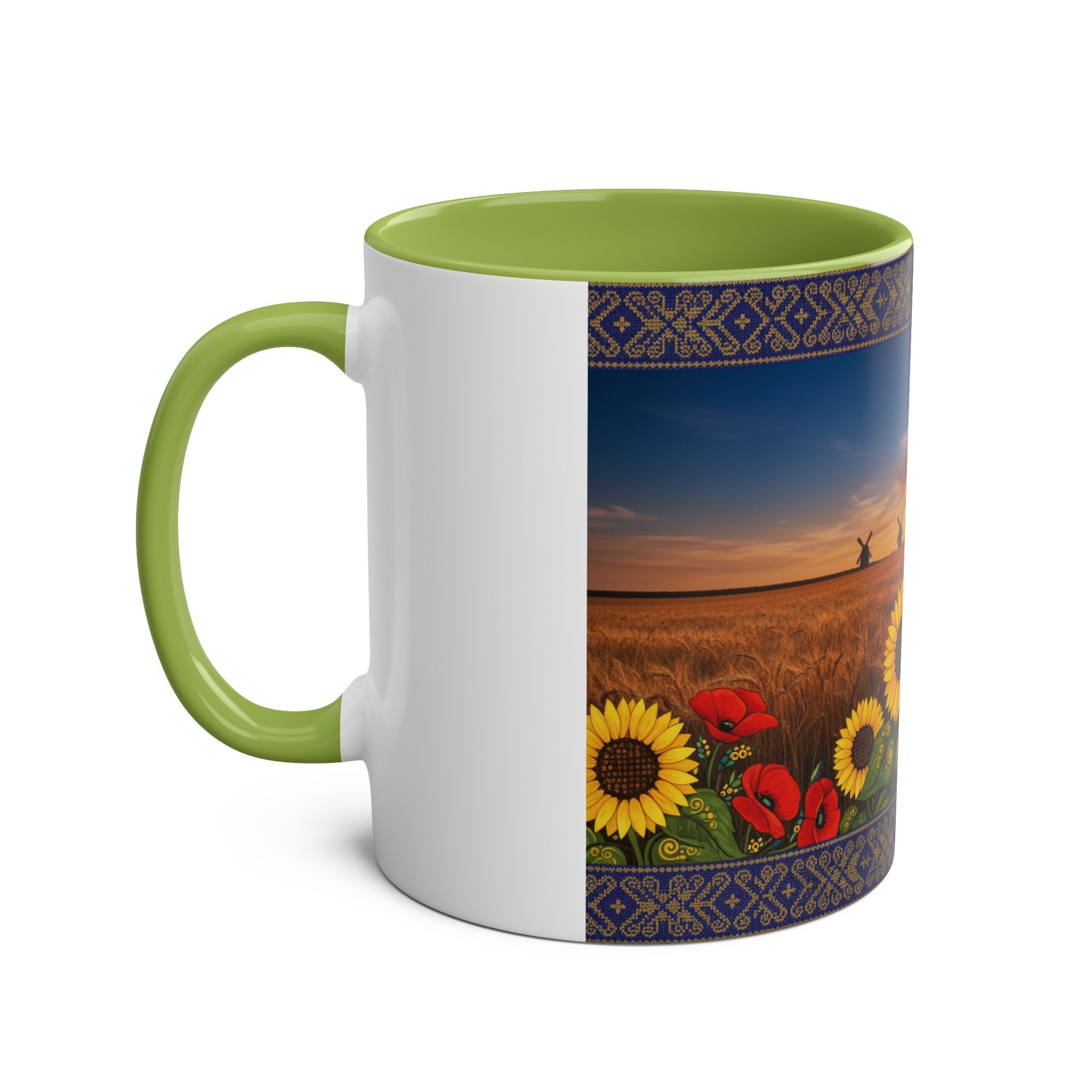 Sunflower Field Ceramic Mug — Two-Tone 11oz Coffee Cup with Sunrise & Windmills Design