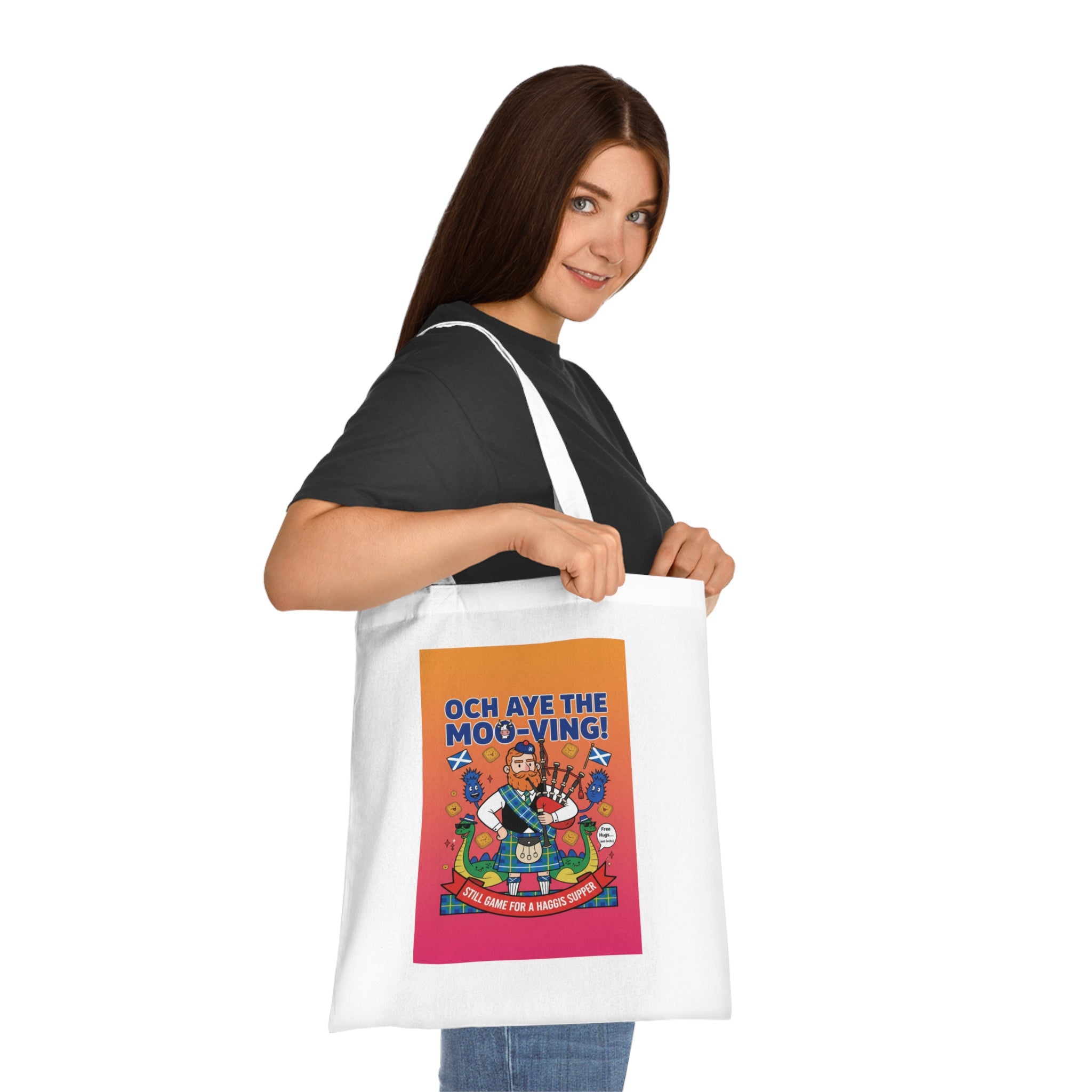 Scottish Cow Cartoon Cotton Tote — "Och Aye the Moo-ving!" Funny Celtic Grocery Bag