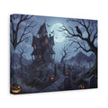 Spooky Haunted House Halloween Canvas Art - Moonlit Graveyard Wall Decor