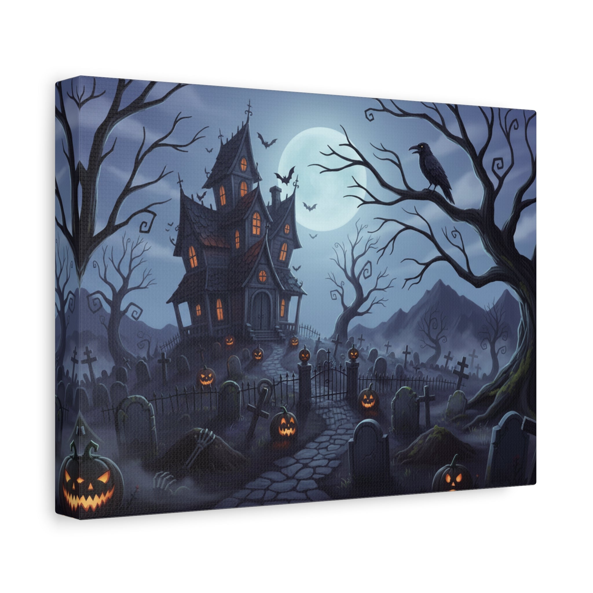 Spooky Haunted House Halloween Canvas Art - Moonlit Graveyard Wall Decor