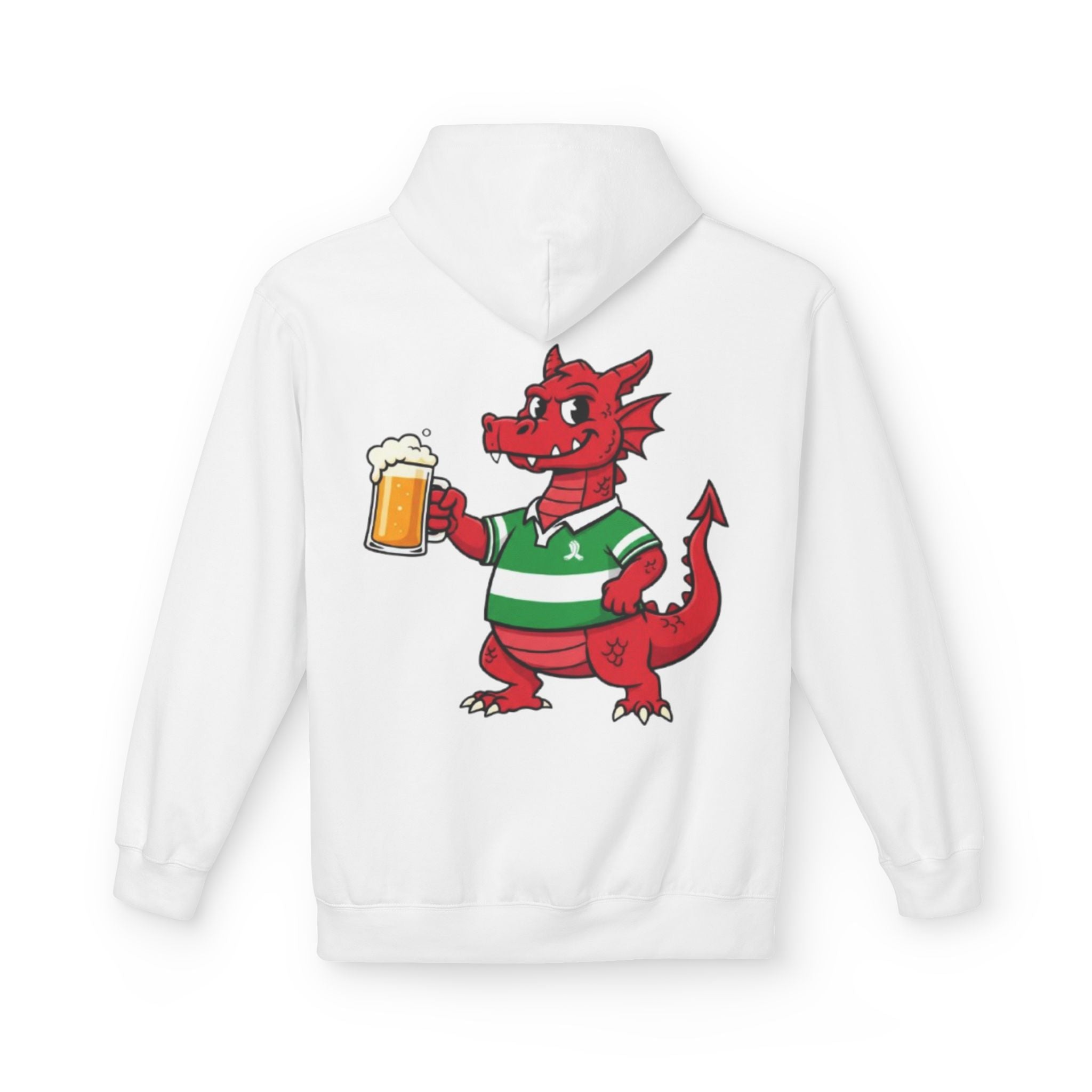 Welsh Dragon Drinking Beer Hoodie — Rugby Pub Fan Pullover