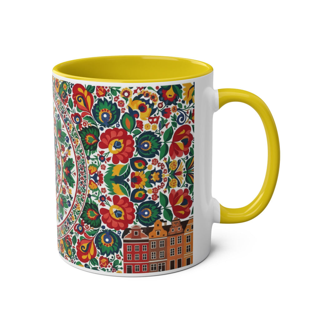 Floral Mandala Two-Tone Coffee Mug — Colorful Folk Art 11oz
