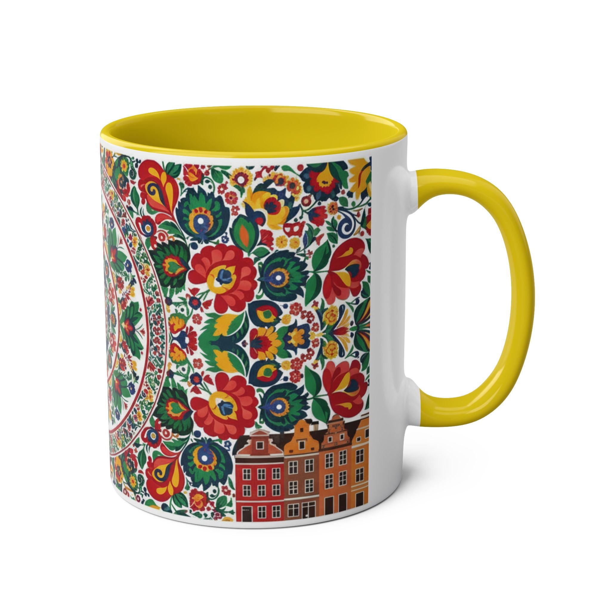 Floral Mandala Two-Tone Coffee Mug — Colorful Folk Art 11oz