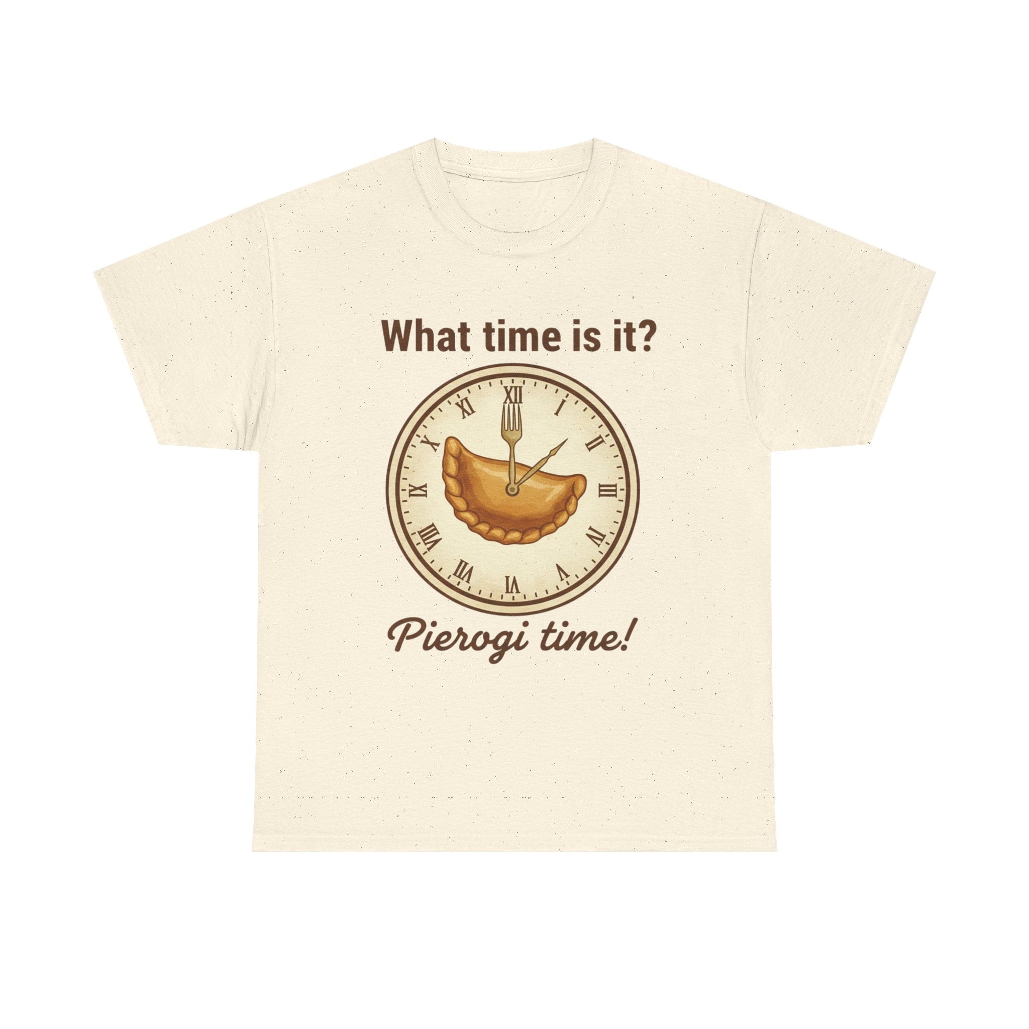 Pierogi Time T‑Shirt — "What time is it? Pierogi time!" Vintage Clock Food Tee