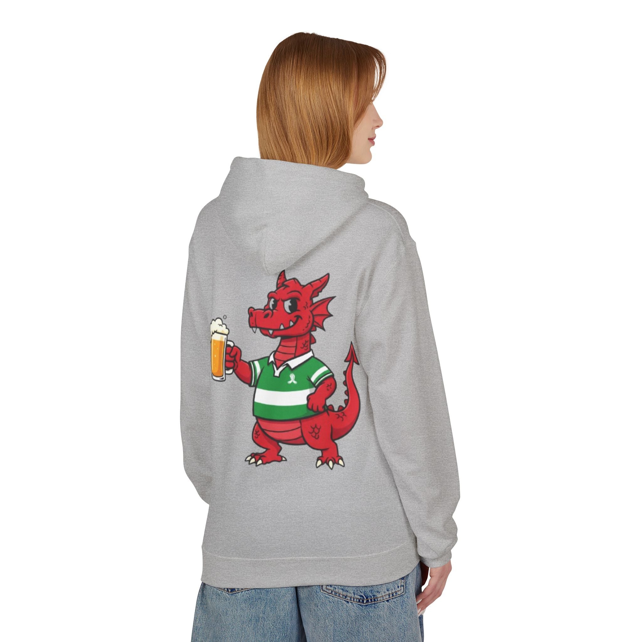 Welsh Dragon Drinking Beer Hoodie — Rugby Pub Fan Pullover