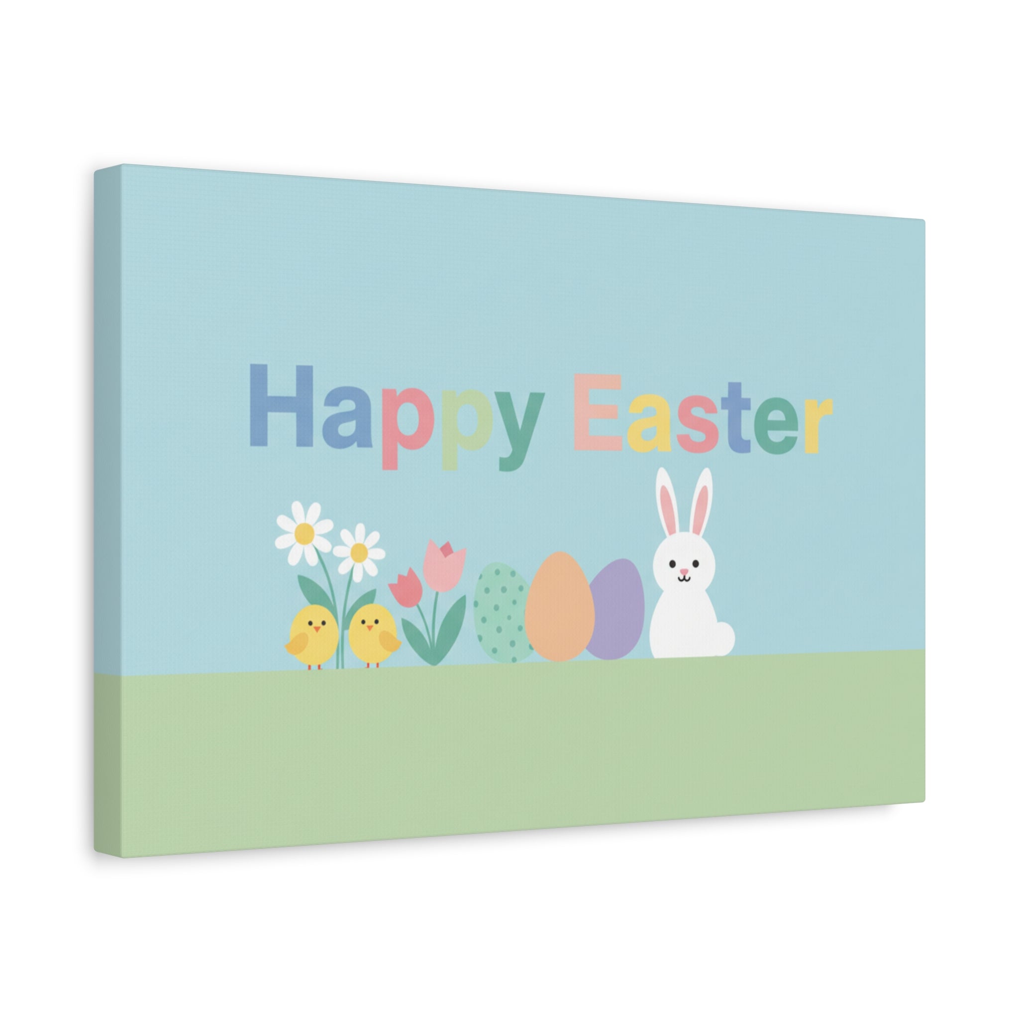 Happy Easter Canvas Wall Art — Pastel Bunny, Chicks & Eggs Matte Stretched Canvas