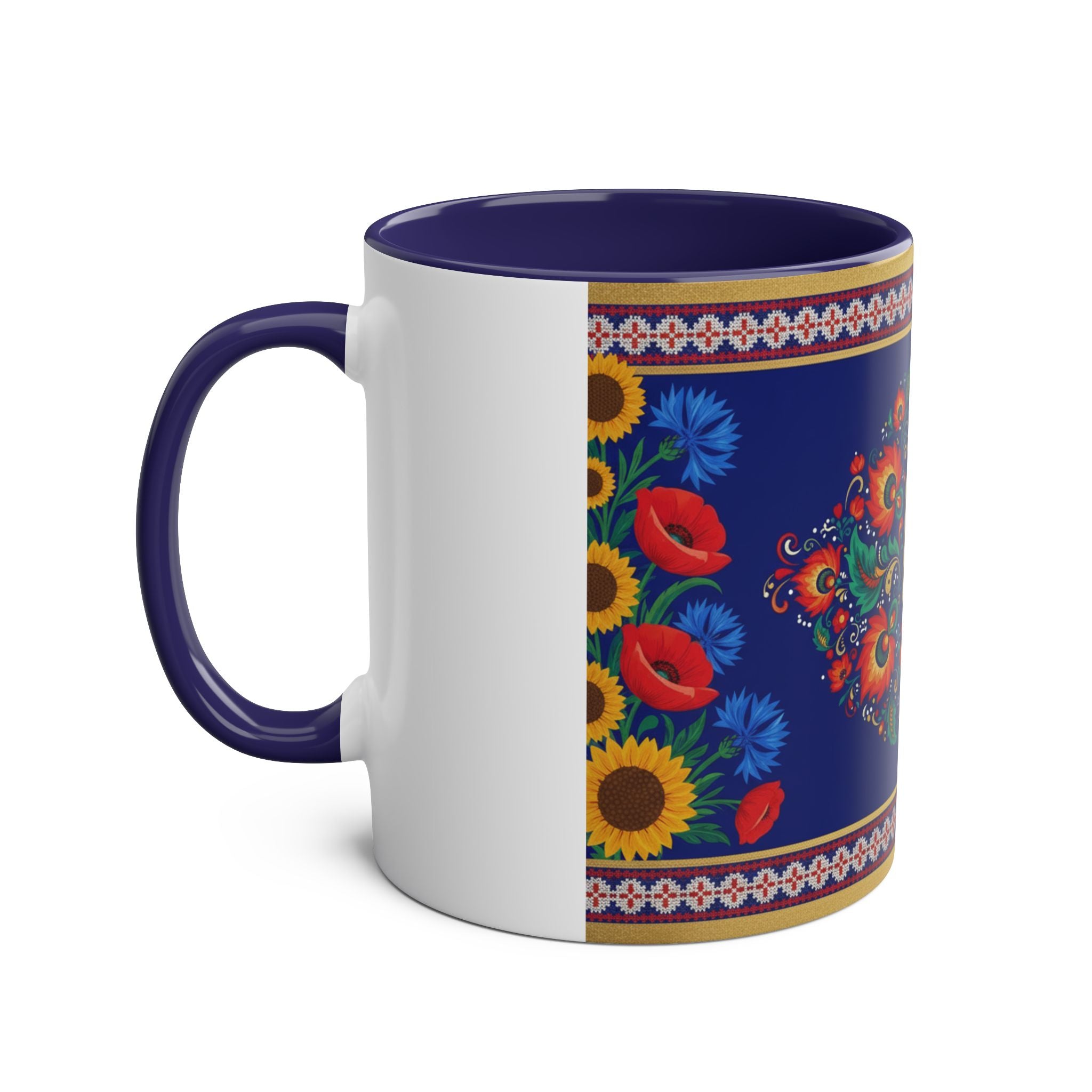 Ukrainian Floral Coffee Mug — Two-Tone 11oz with Tryzub & Folk Motif