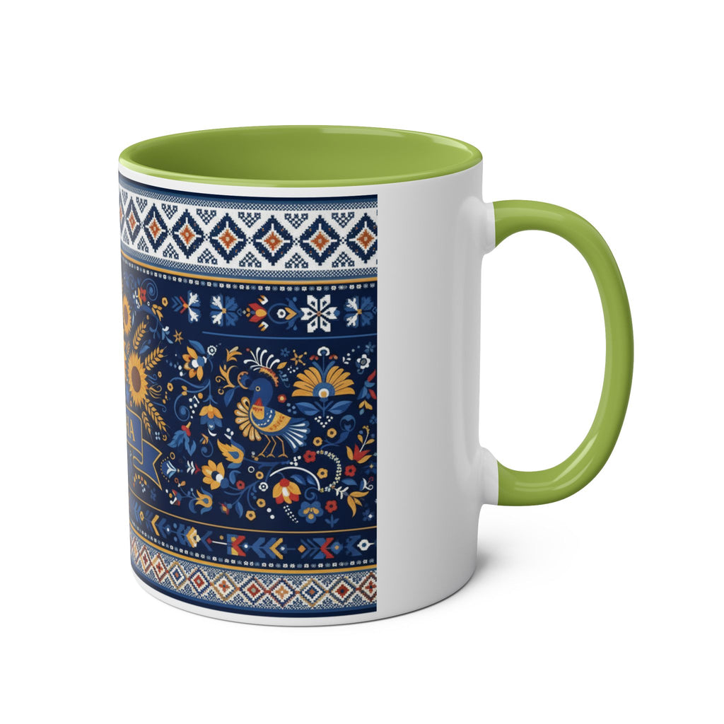 Ukraine Sunflowers Ceramic Mug — Two-Tone 11oz Coffee Cup with Ukrainian Folk Pattern