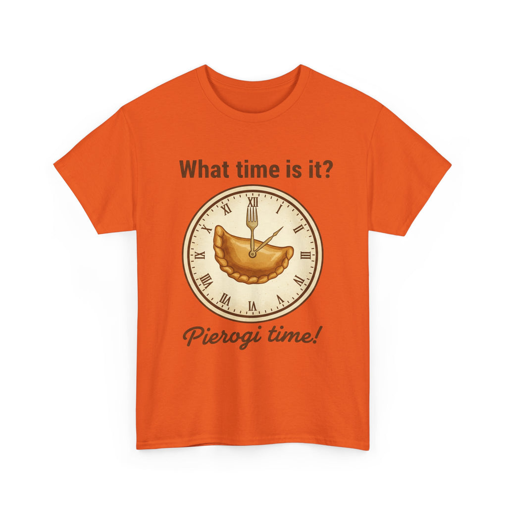 Pierogi Time T‑Shirt — "What time is it? Pierogi time!" Vintage Clock Food Tee