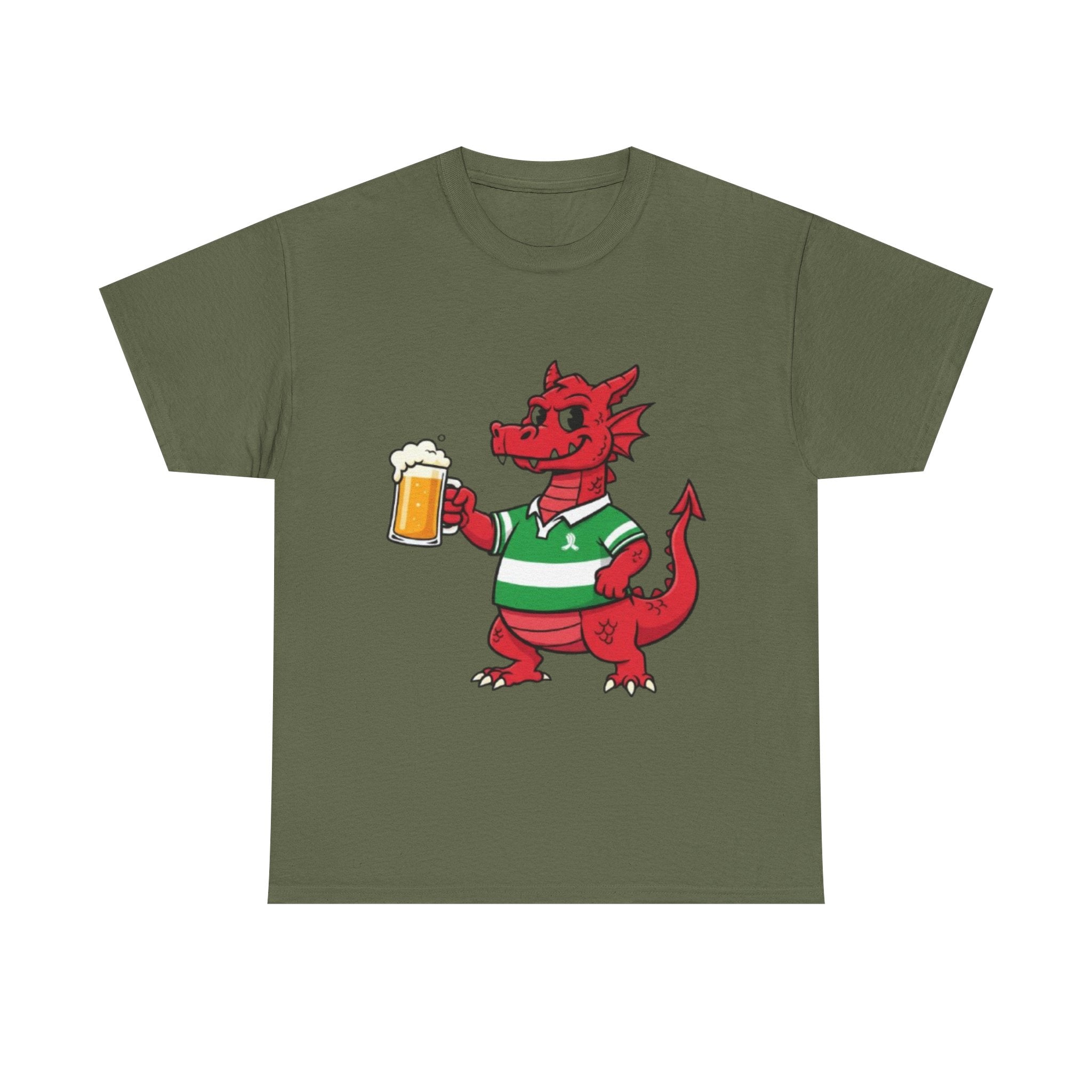 Dragon Cheers T‑Shirt — Cute Red Dragon Holding Beer Graphic Tee